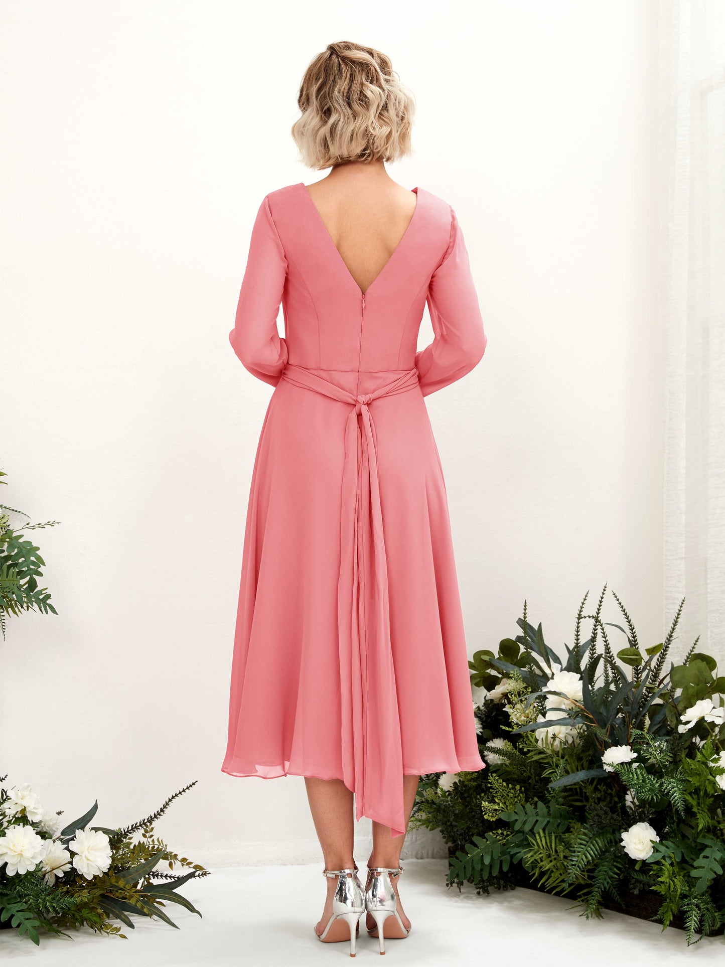 Joanna Coral Pink Long Sleeve Midi Dress