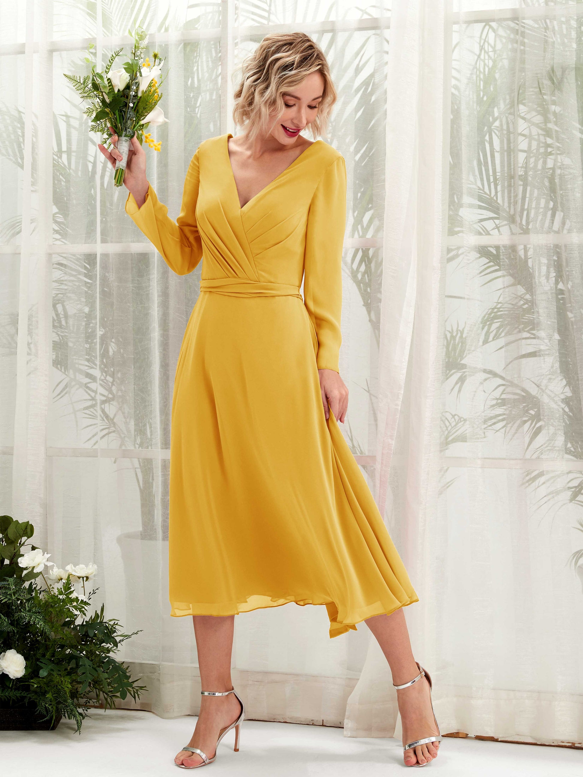 Joanna Mustard Yellow Long Sleeve Midi Dress