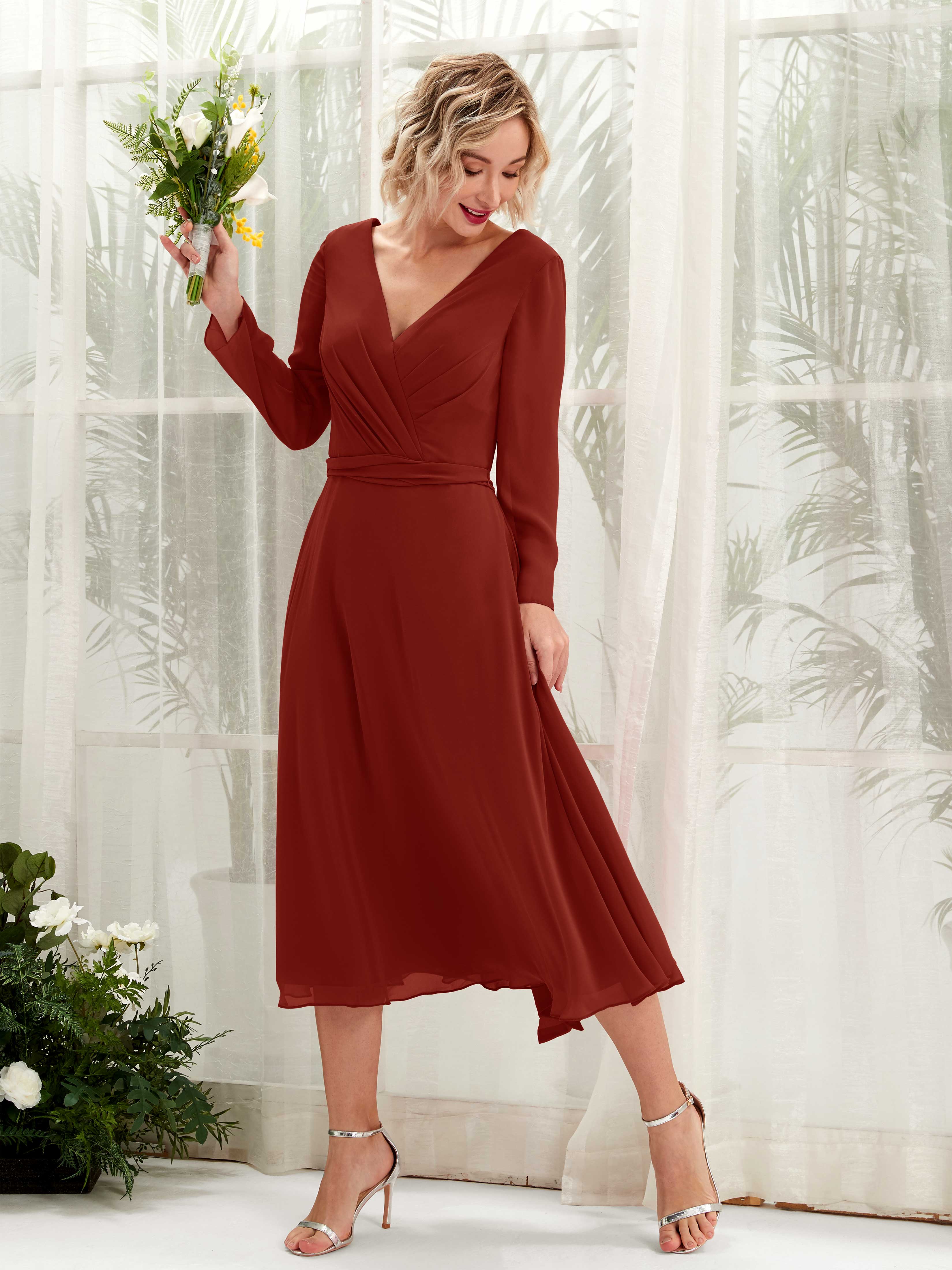 Rust Midi Dress - Long Sleeve Dress - Rust Gown – Carlyna AU