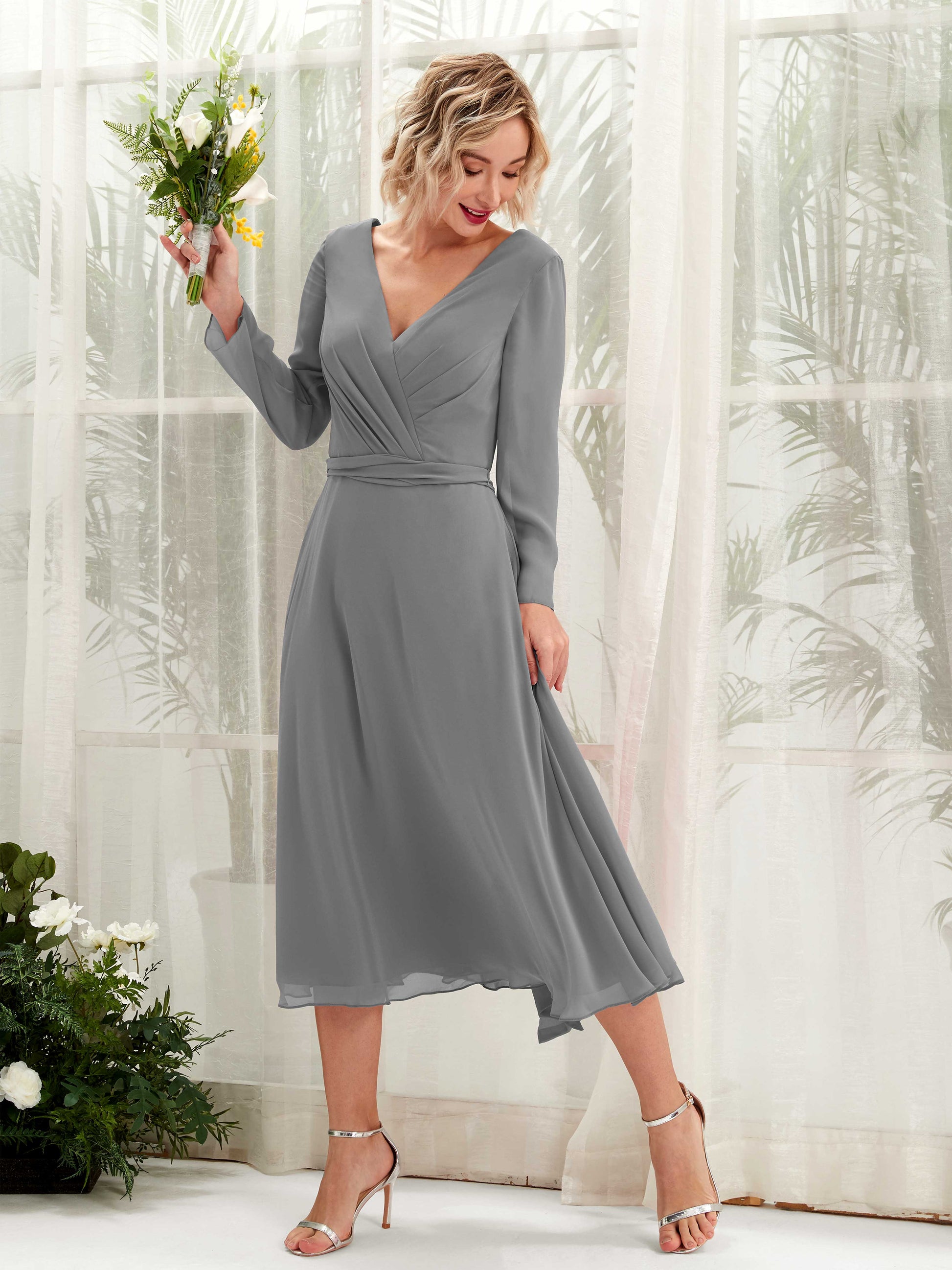 Joanna Steel Gray Long Sleeve Midi Dress