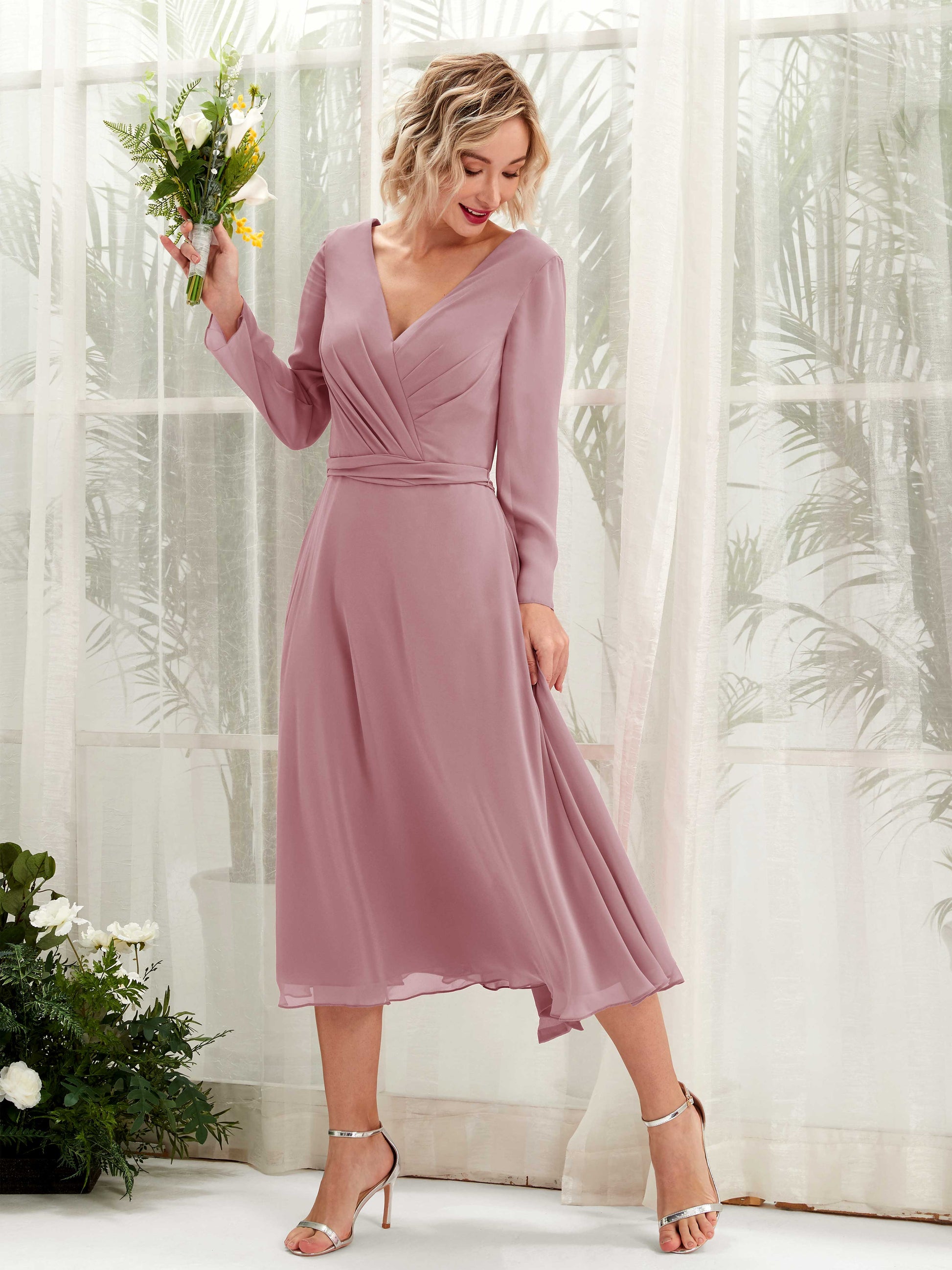 Joanna Vintage Mauve Long Sleeve Midi Dress