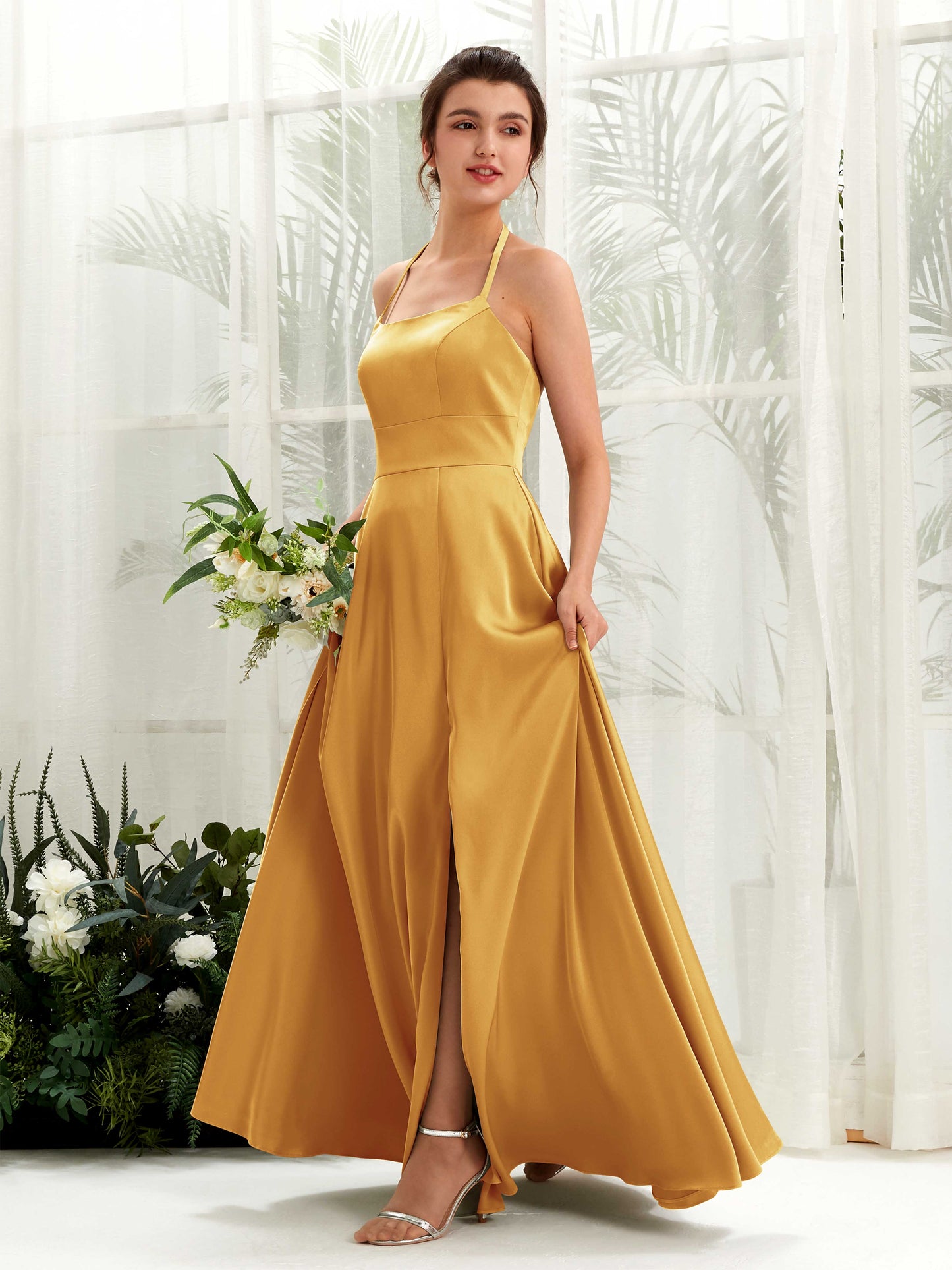 Jocelyn Canary Satin Halter Maxi Dress