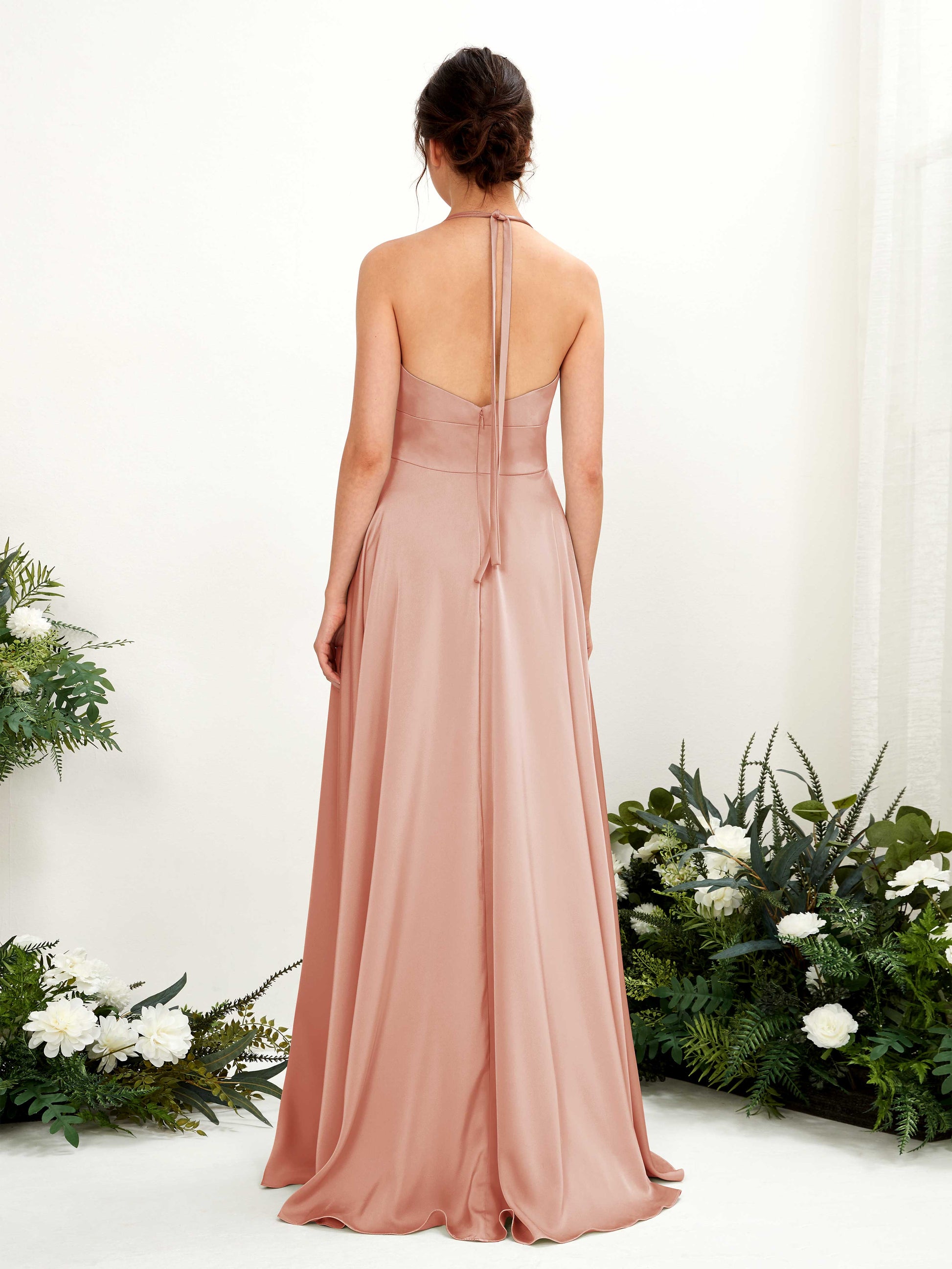 Jocelyn Cantaloupe Satin Halter Maxi Dress