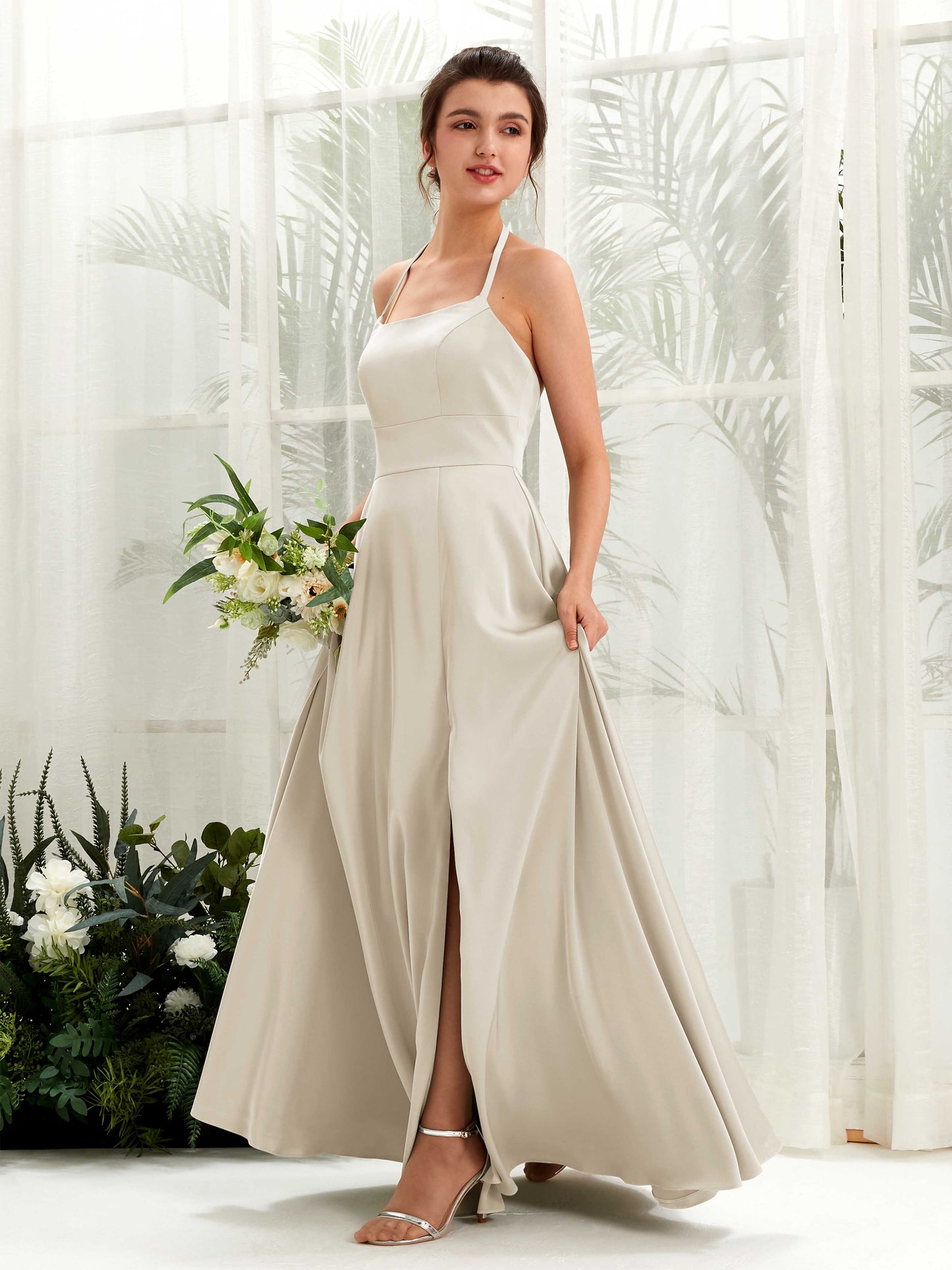 Jocelyn Champagne Satin Halter Maxi Dress