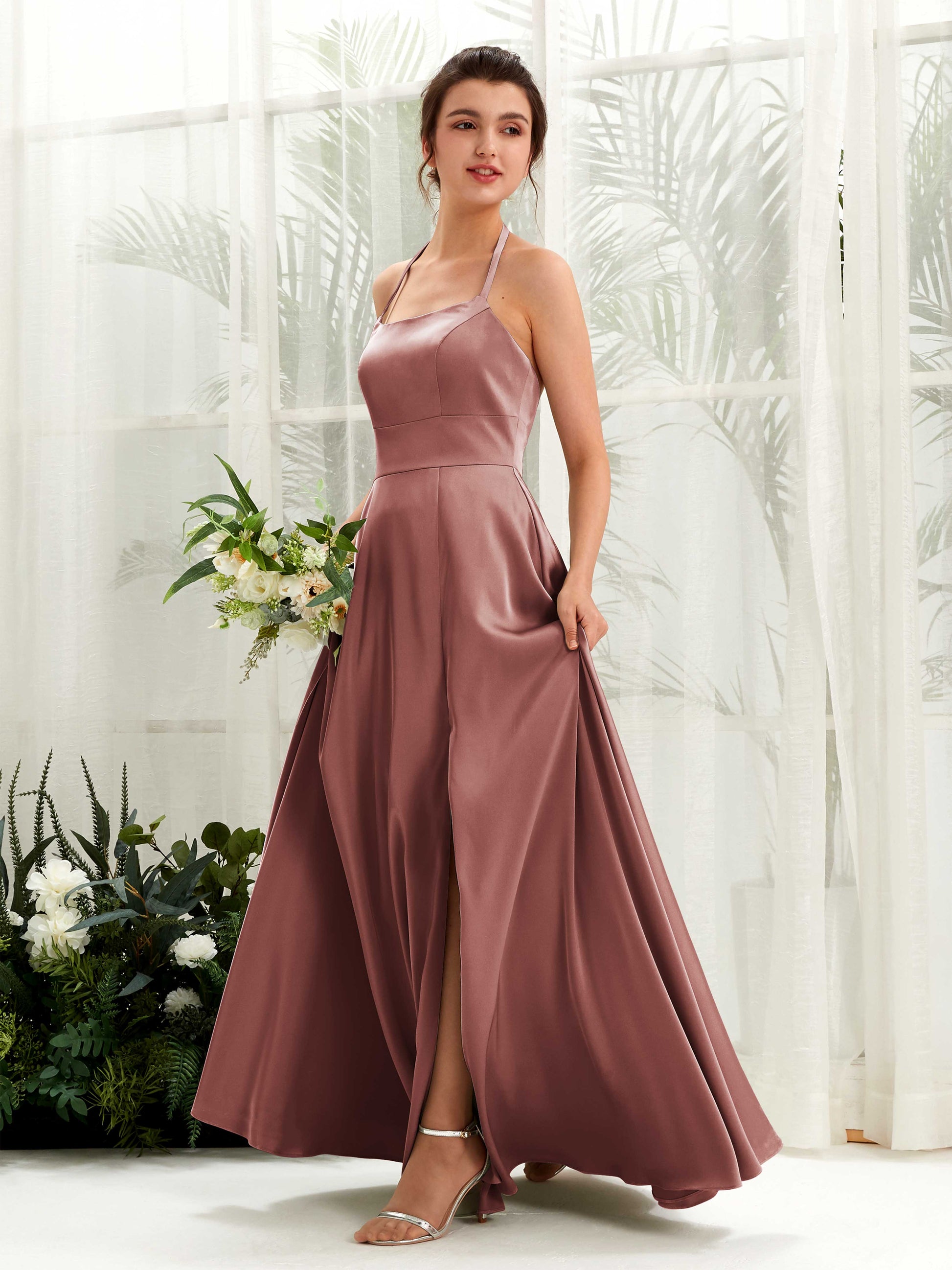 Jocelyn Desert Rose Satin Halter Maxi Dress