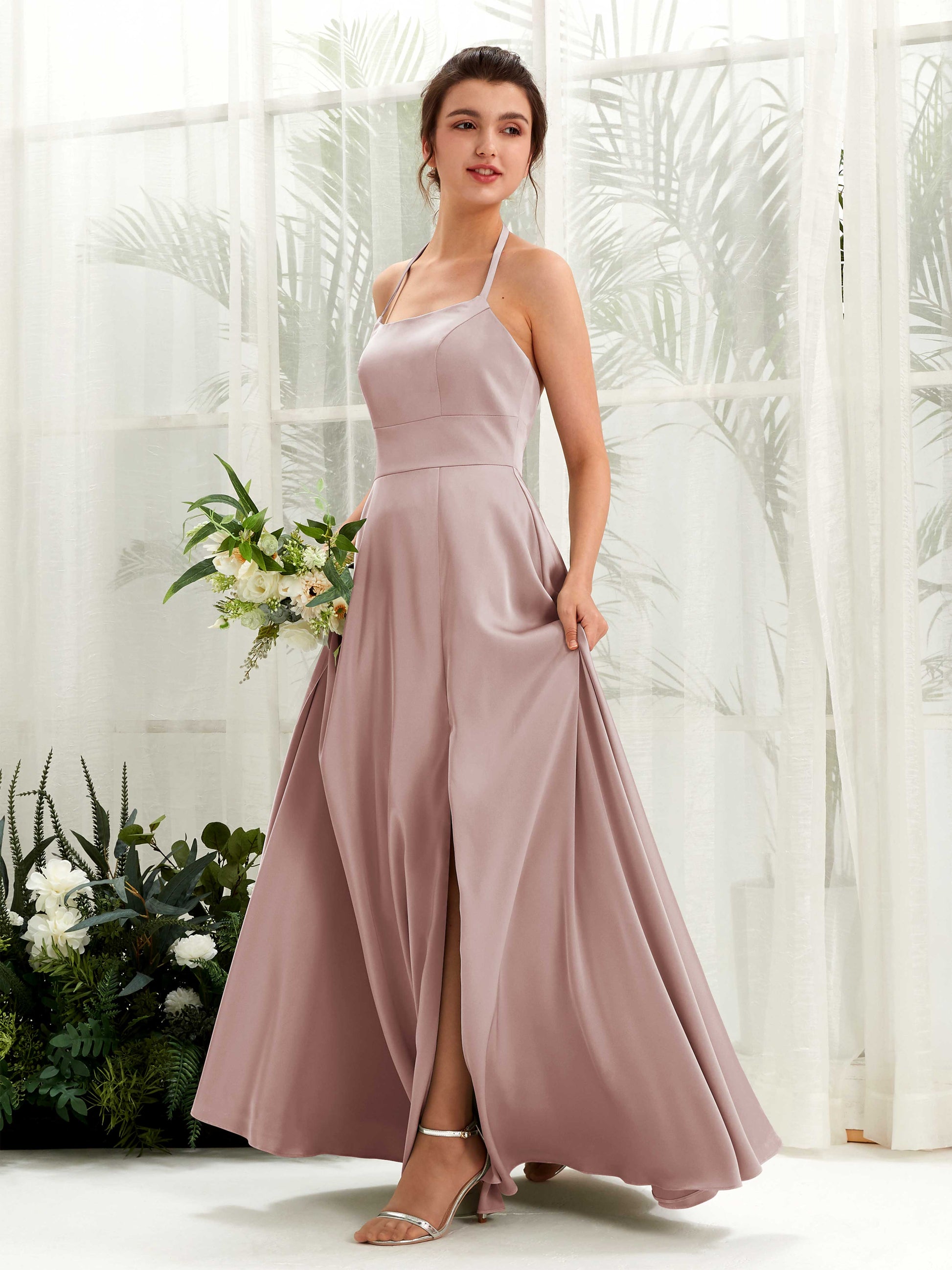 Jocelyn Dusty Rose Satin Halter Maxi Dress