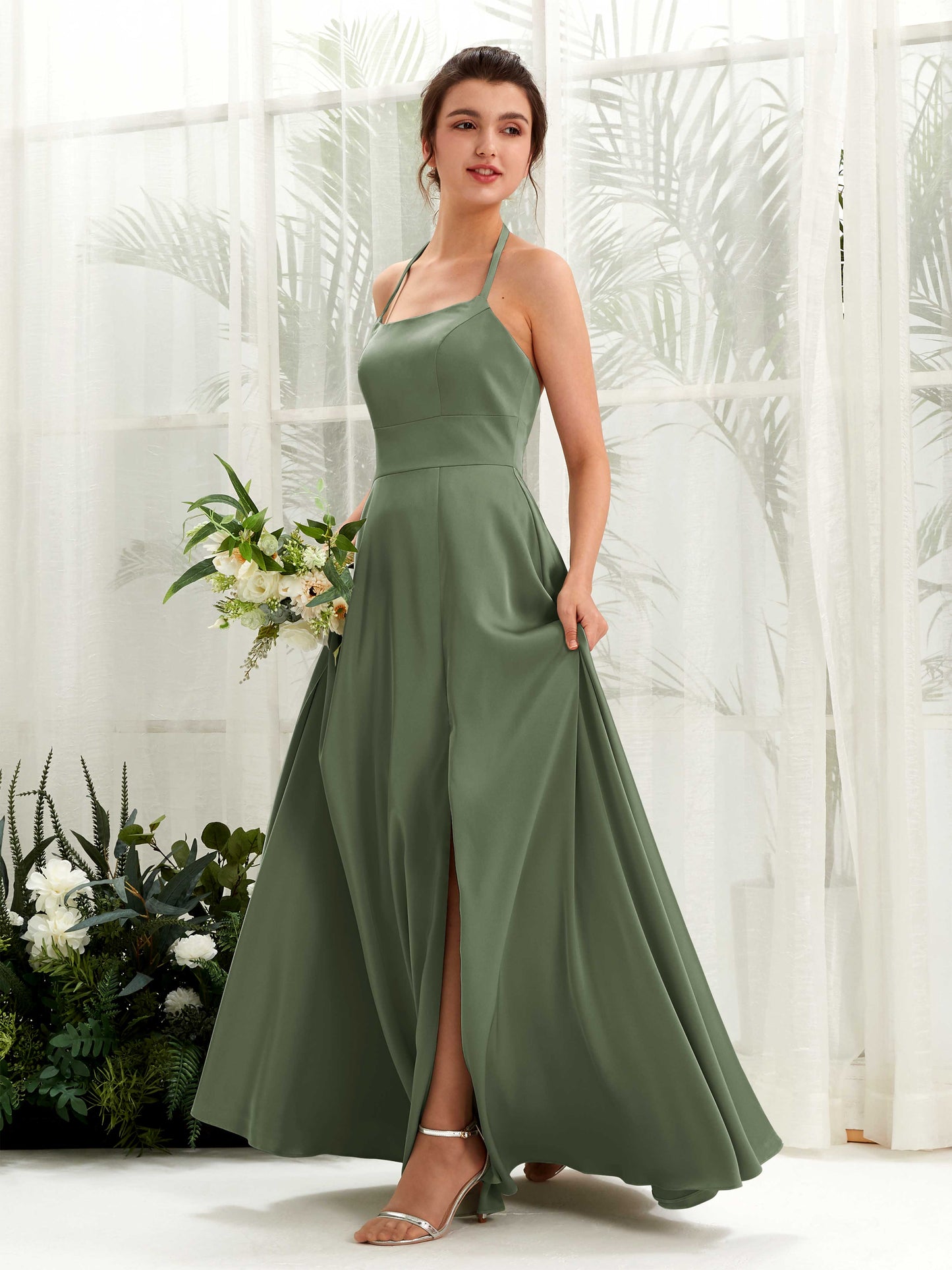 Jocelyn Green Olive Satin Halter Maxi Dress