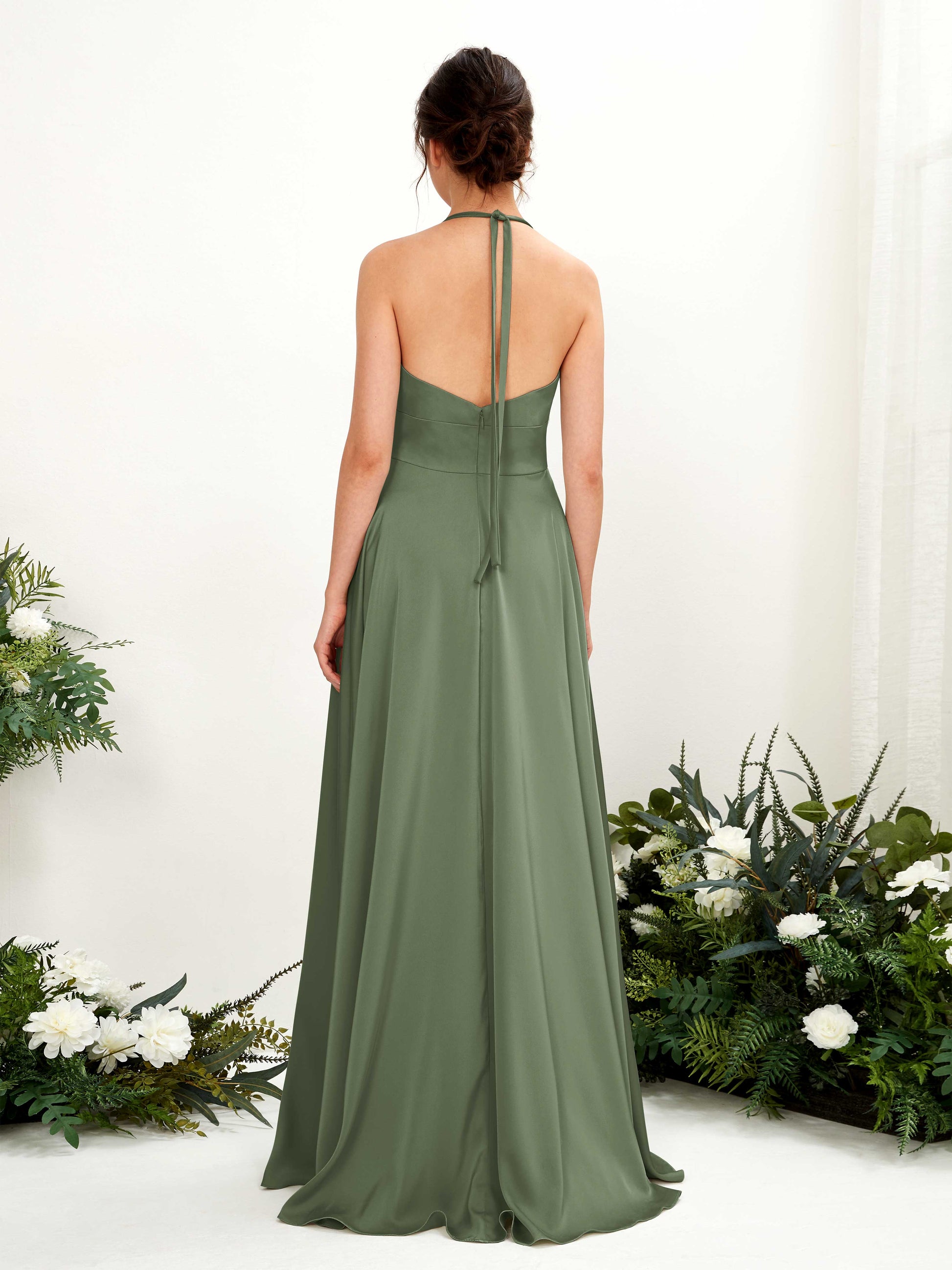 Jocelyn Green Olive Satin Halter Maxi Dress