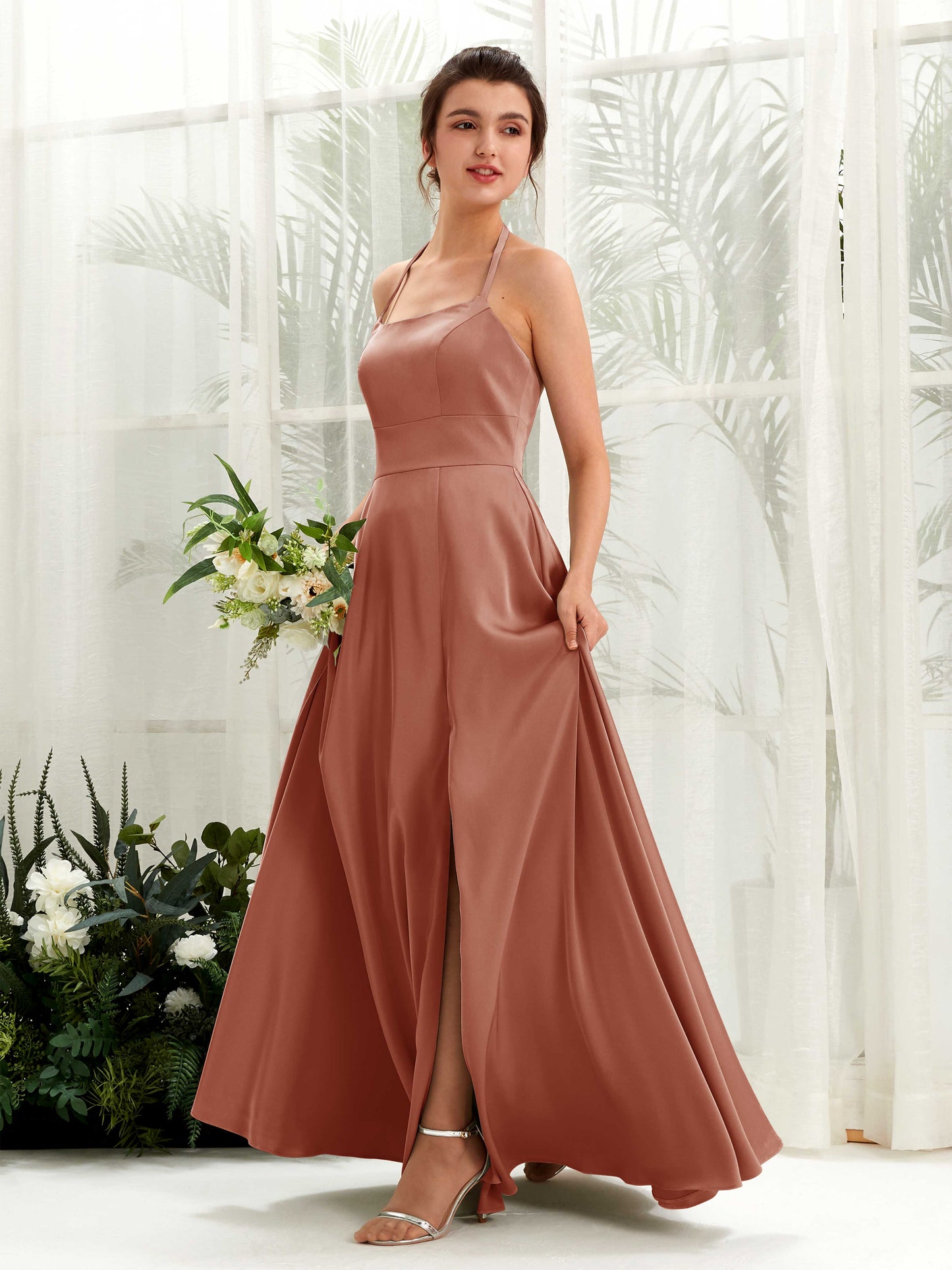 Jocelyn Raw Sienna Satin Halter Maxi Dress