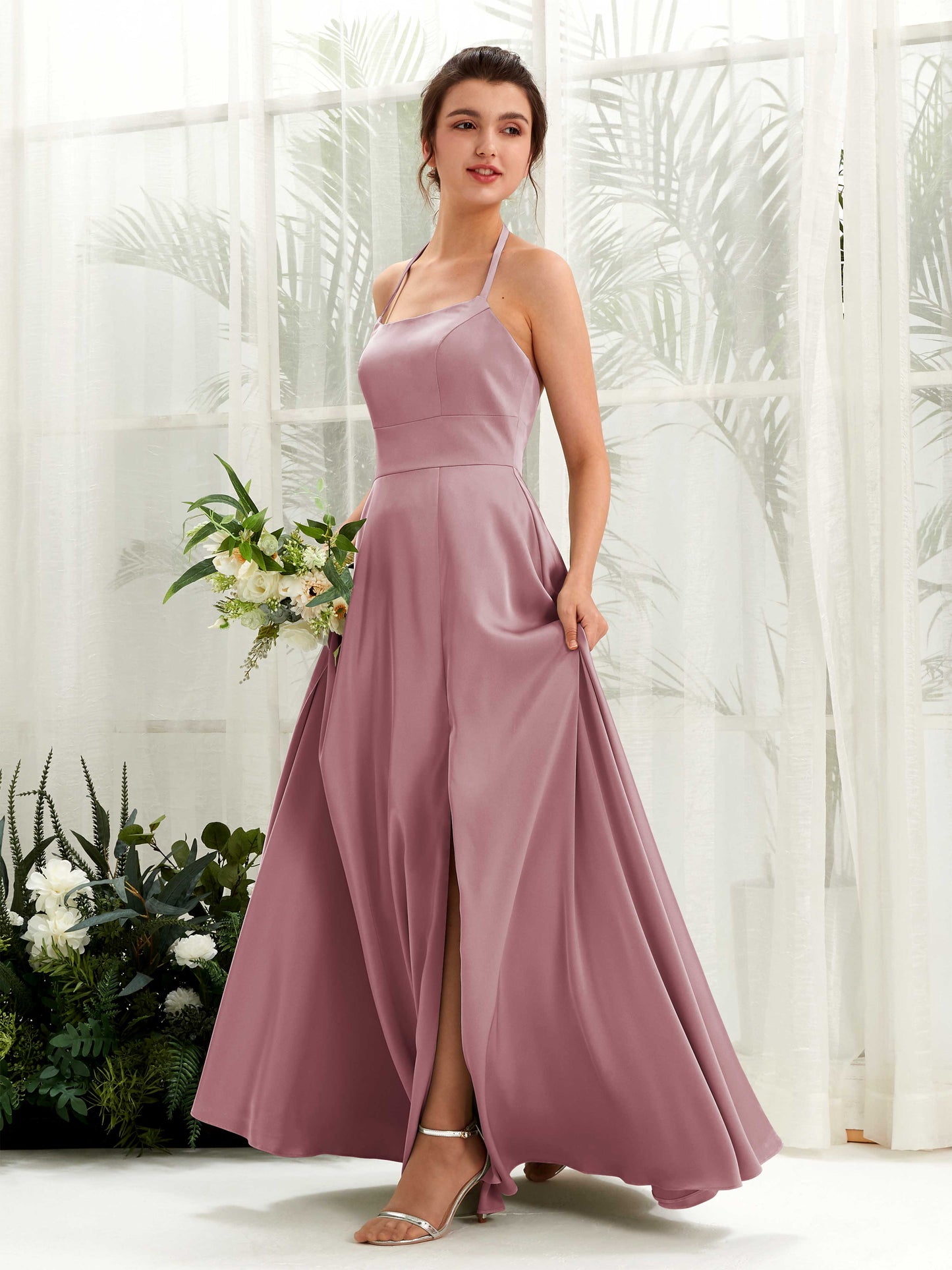 Jocelyn Rose Quartz Satin Halter Maxi Dress