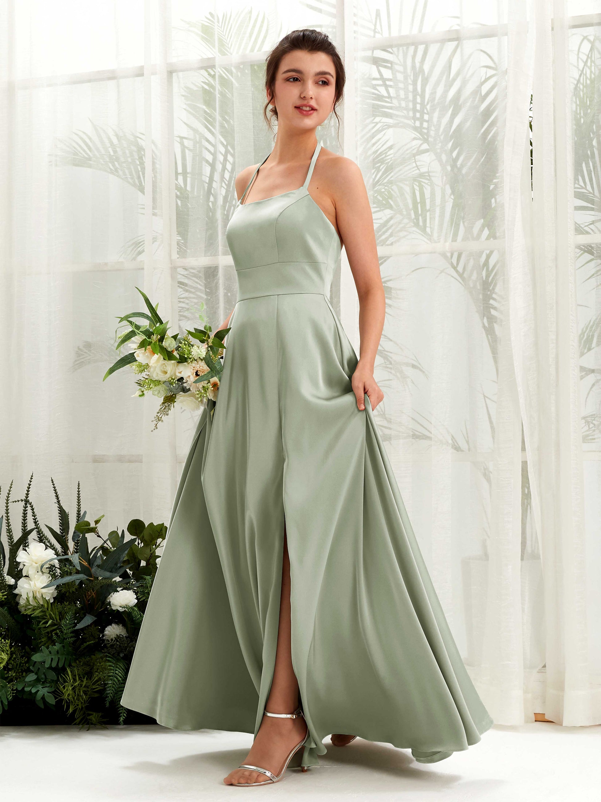 Jocelyn Sage Green Satin Halter Maxi Dress