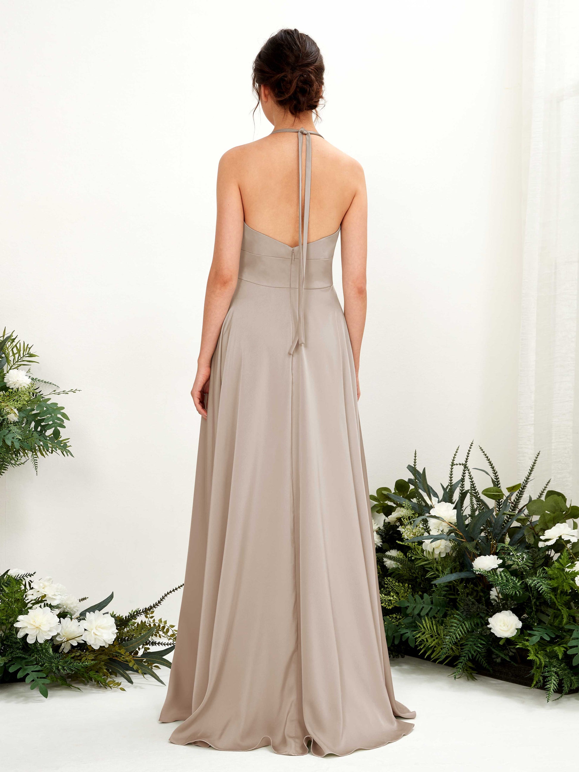 Jocelyn Taupe Satin Halter Maxi Dress