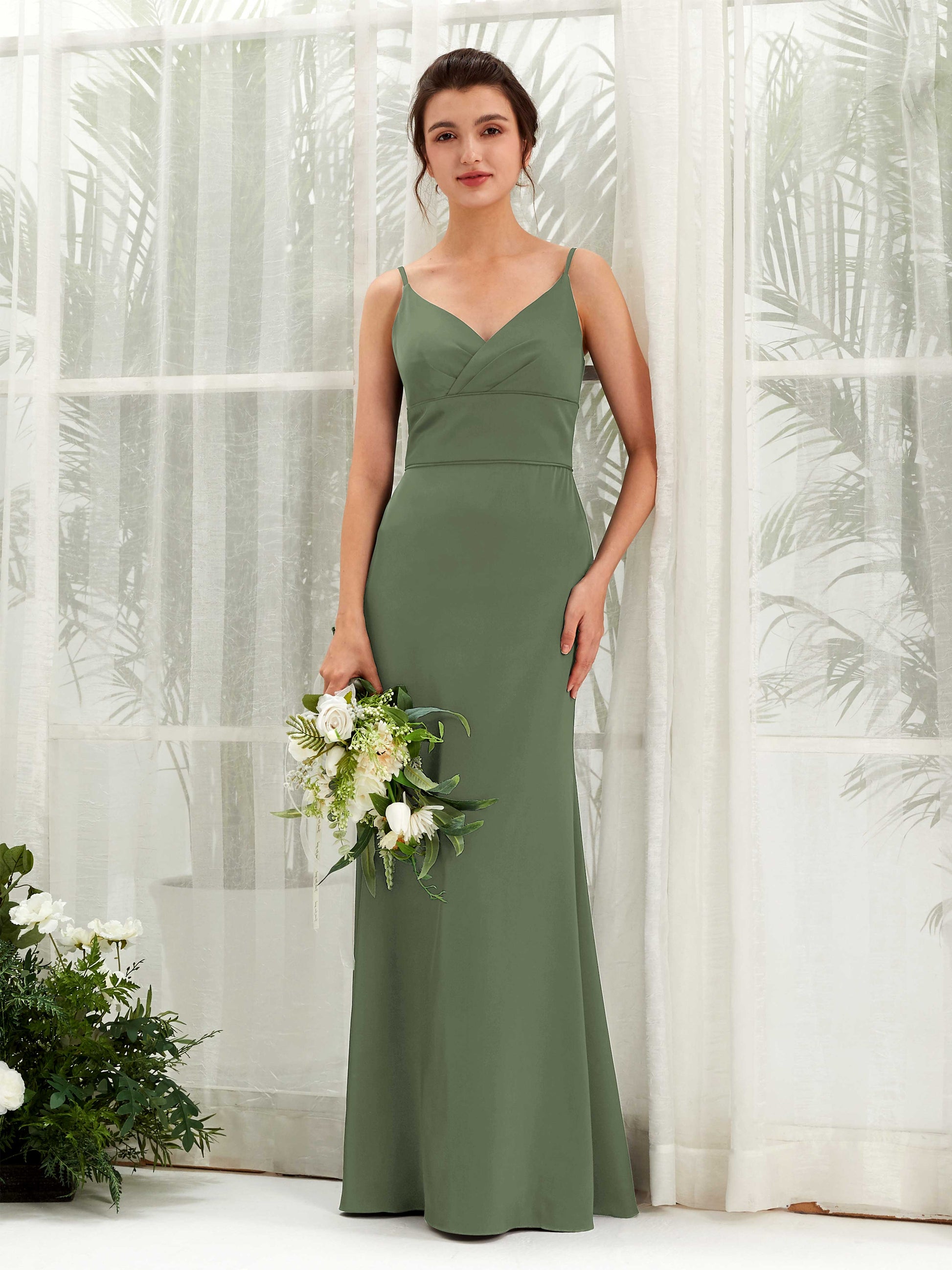 Kama Green Olive Satin Sleeveless Maxi Dress