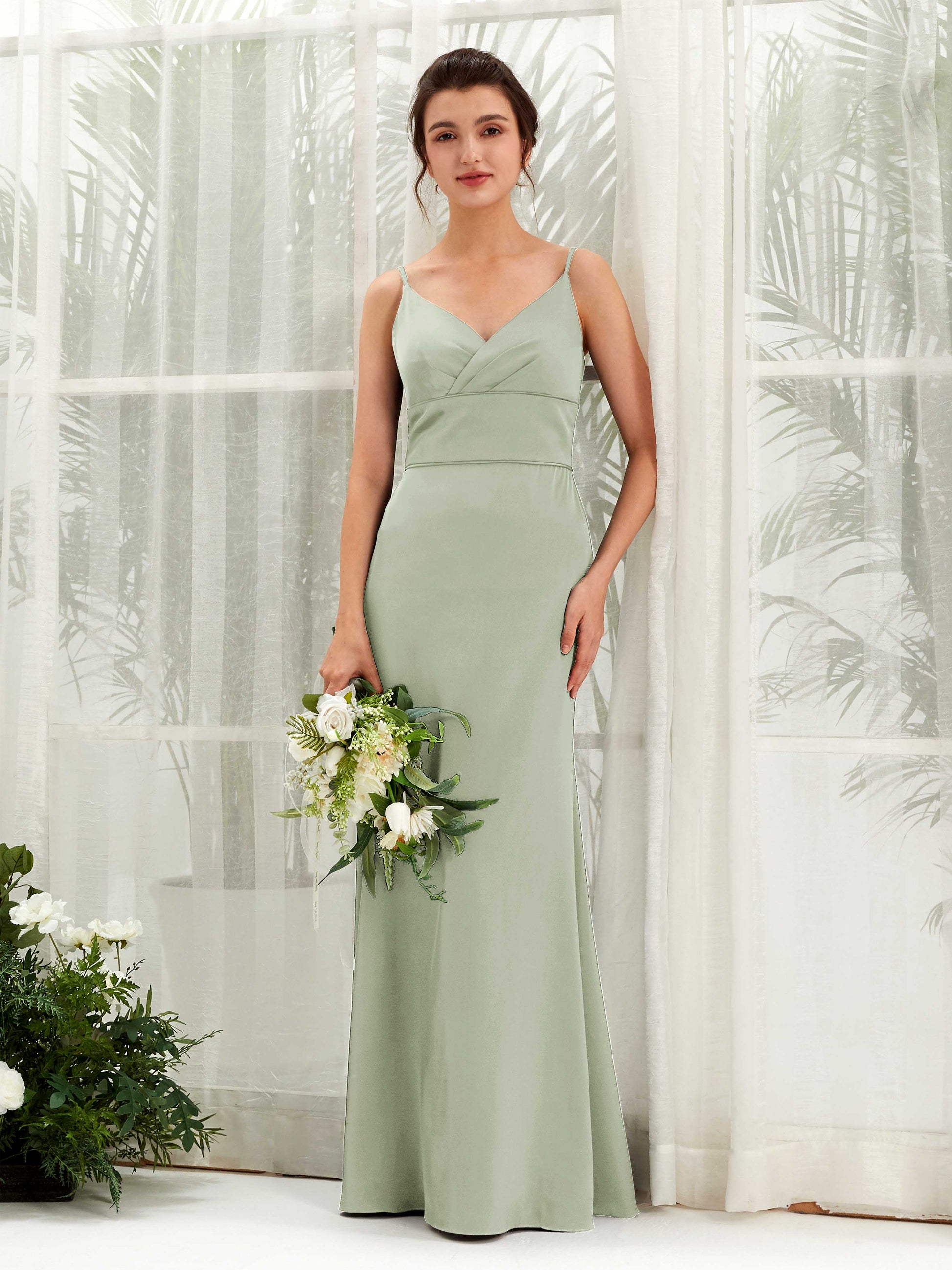 Kama Sage Green Satin Sleeveless Maxi Dress