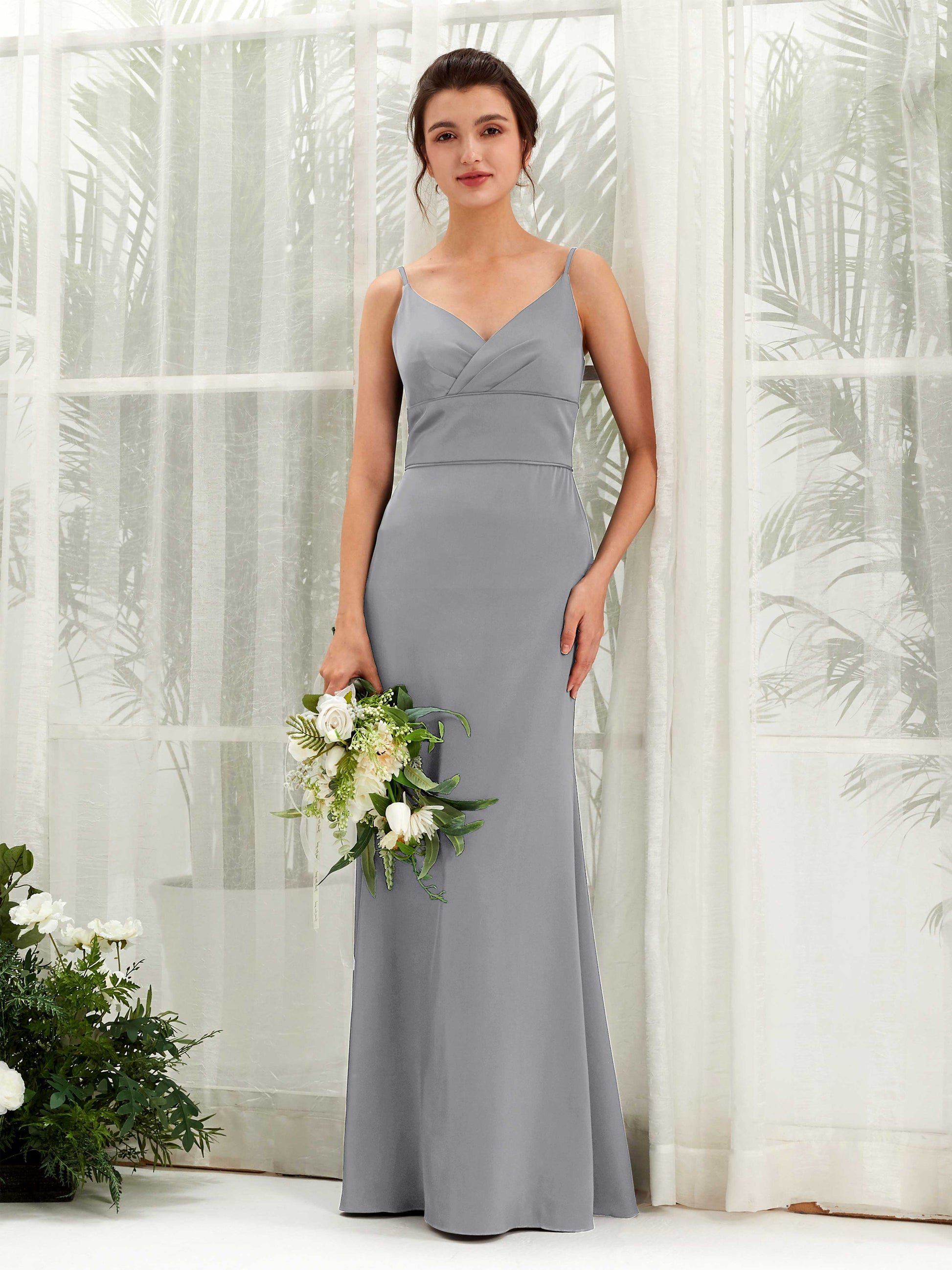 Kama Steel Gray Satin Sleeveless Maxi Dress