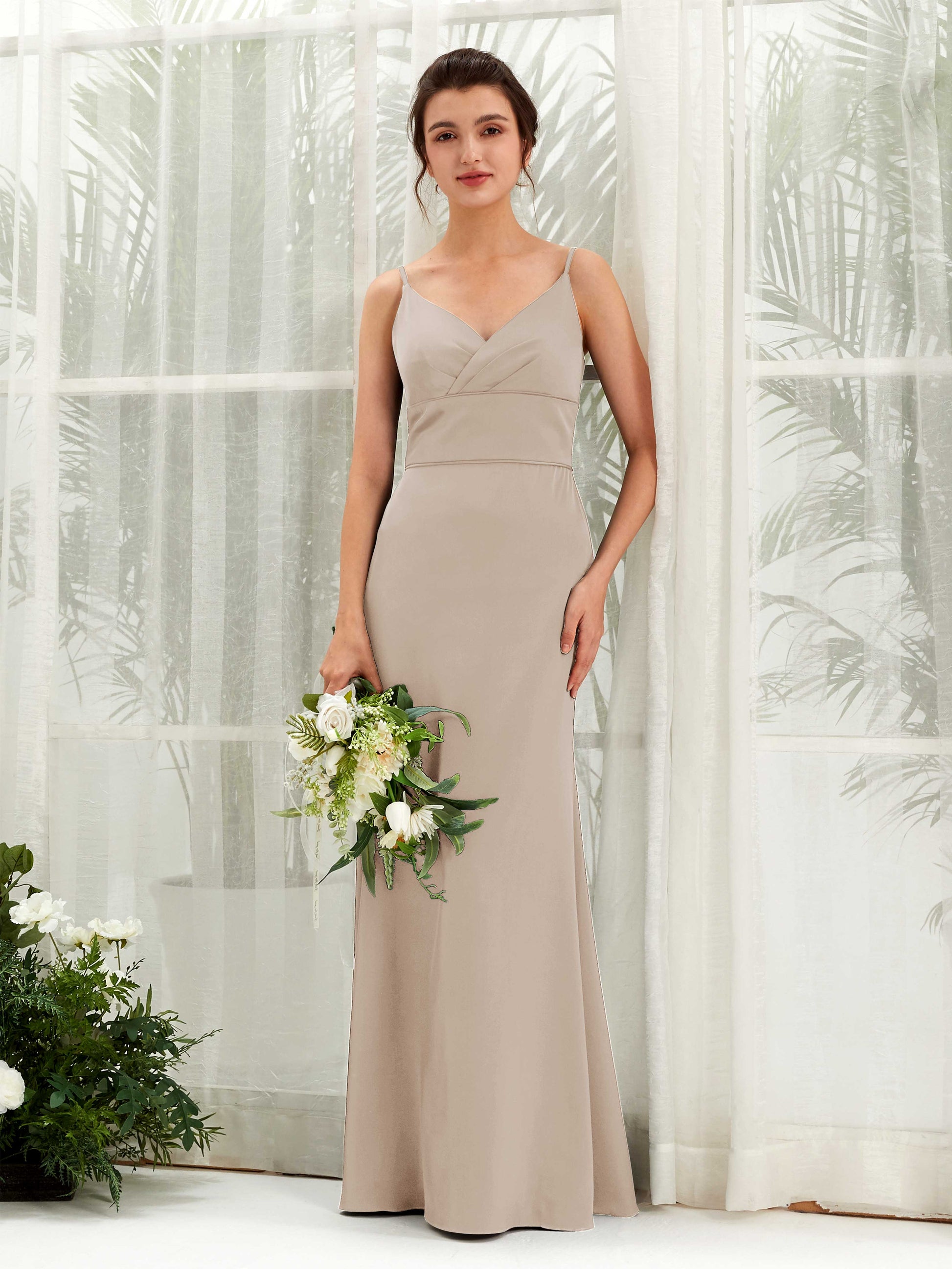 Kama Taupe Satin Sleeveless Maxi Dress