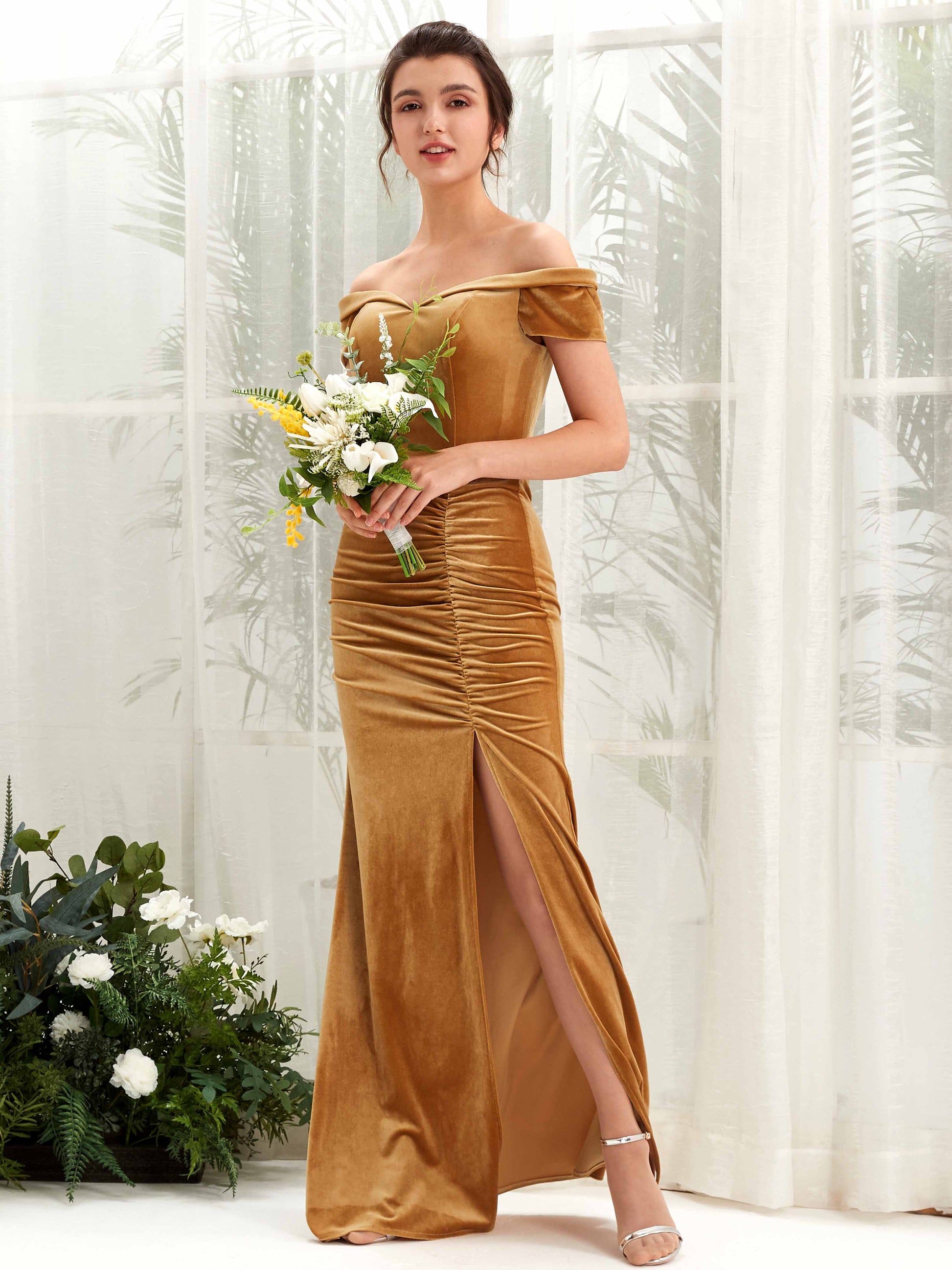 Lara Burnished Gold Velvet Off Shoulder Maxi Dress