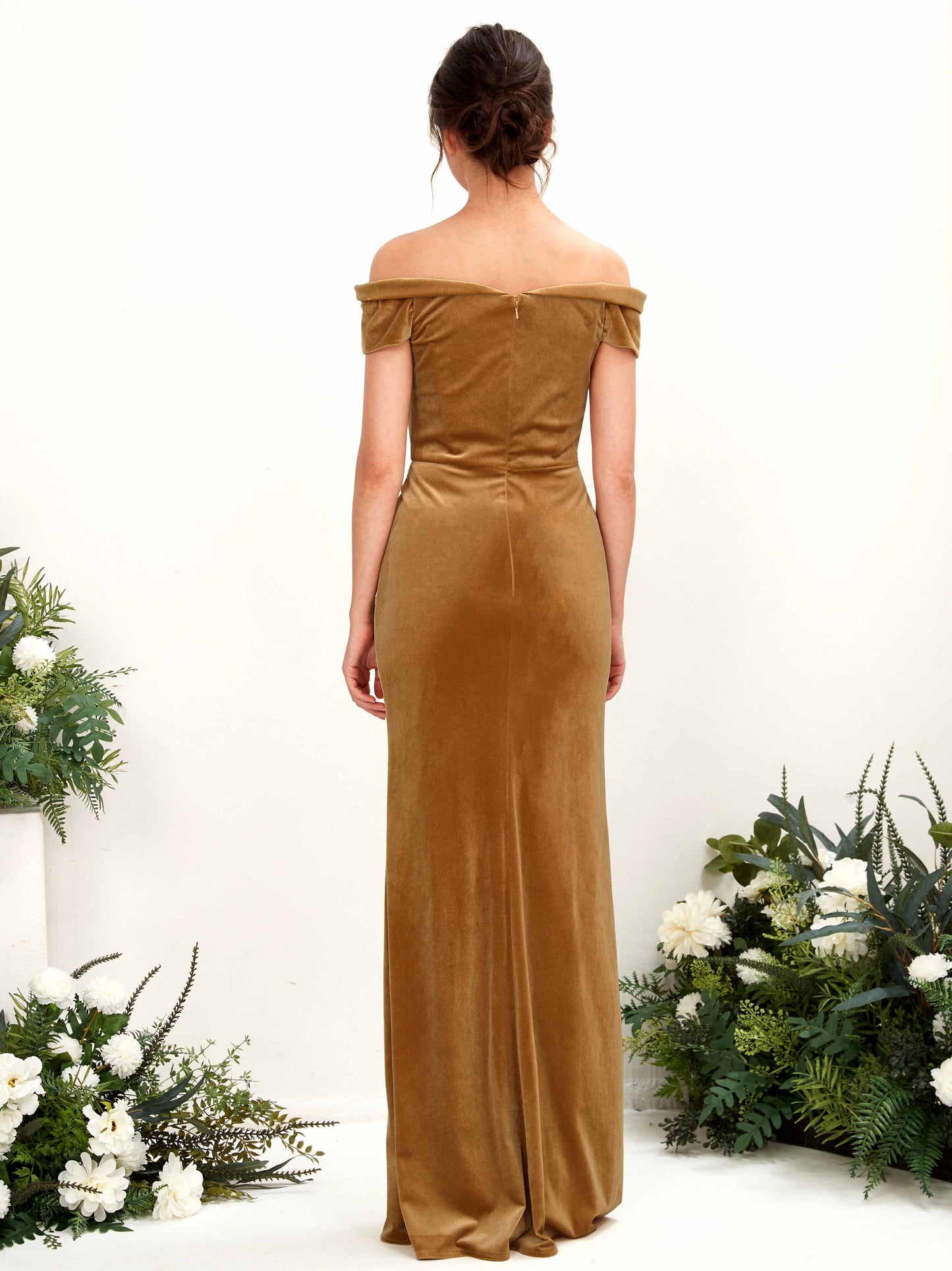 Lara Burnished Gold Velvet Off Shoulder Maxi Dress