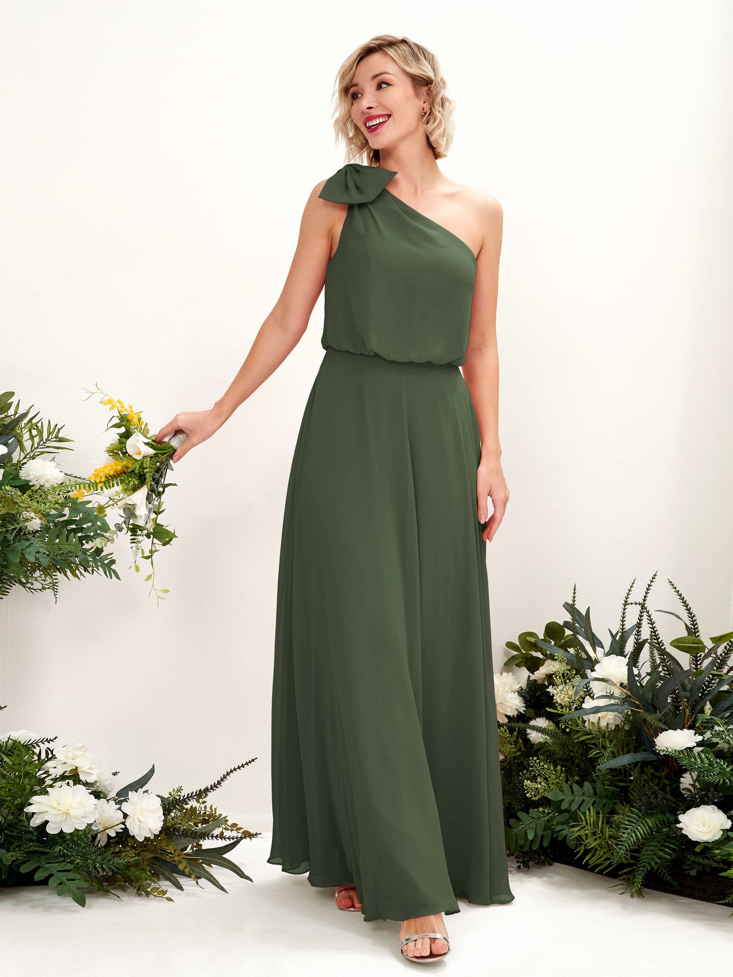 Laurel Martini Olive One Shoulder Maxi Dress