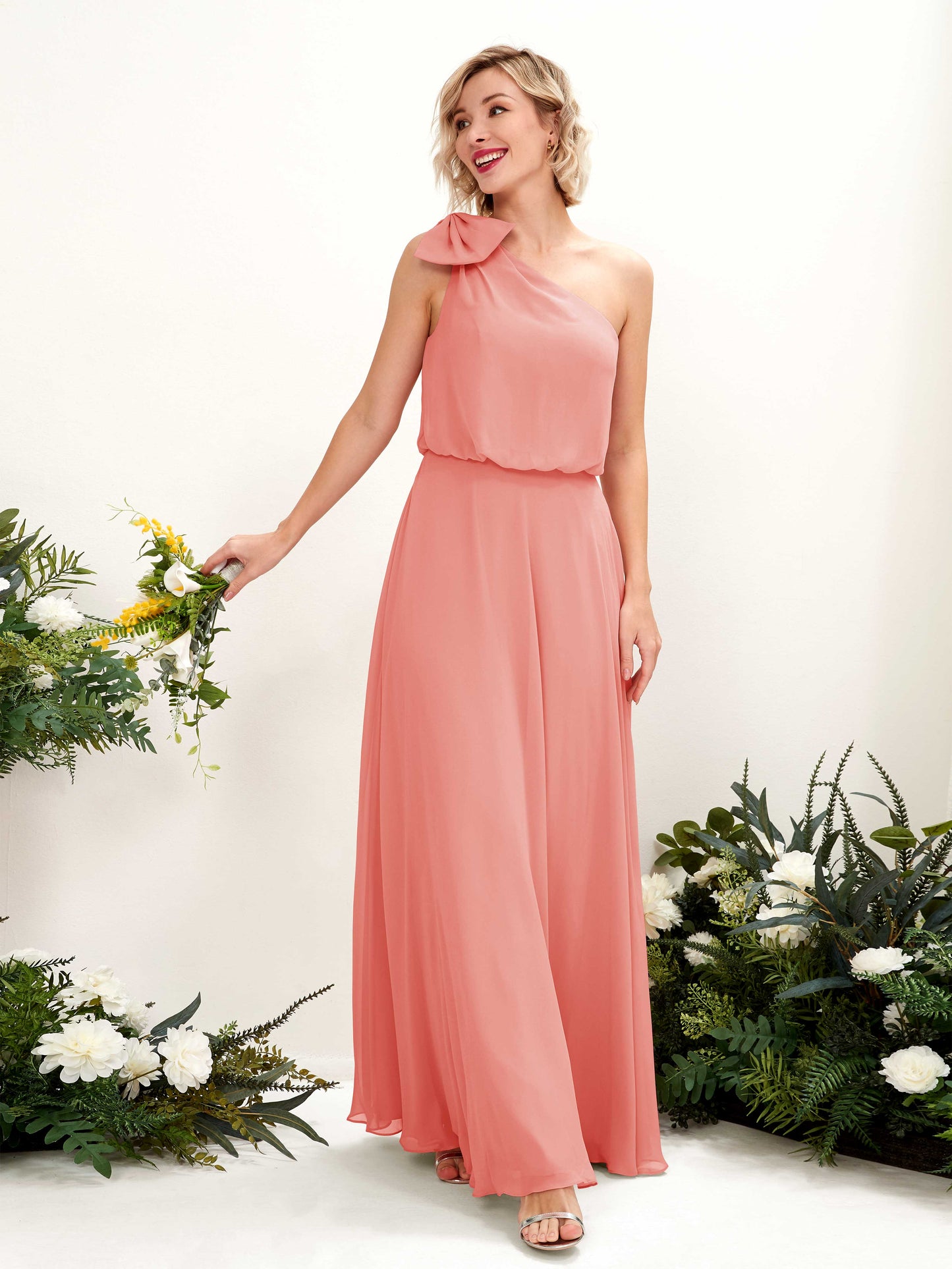 Laurel Peach Pink One Shoulder Maxi Dress