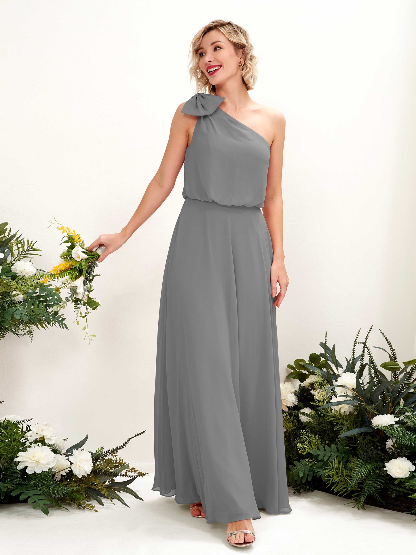 Laurel Steel Gray One Shoulder Maxi Dress