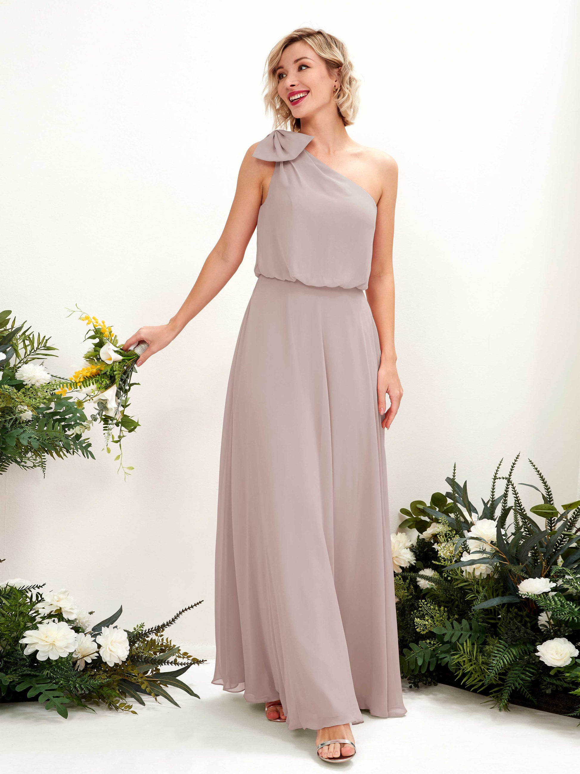 Laurel Taupe One Shoulder Maxi Dress