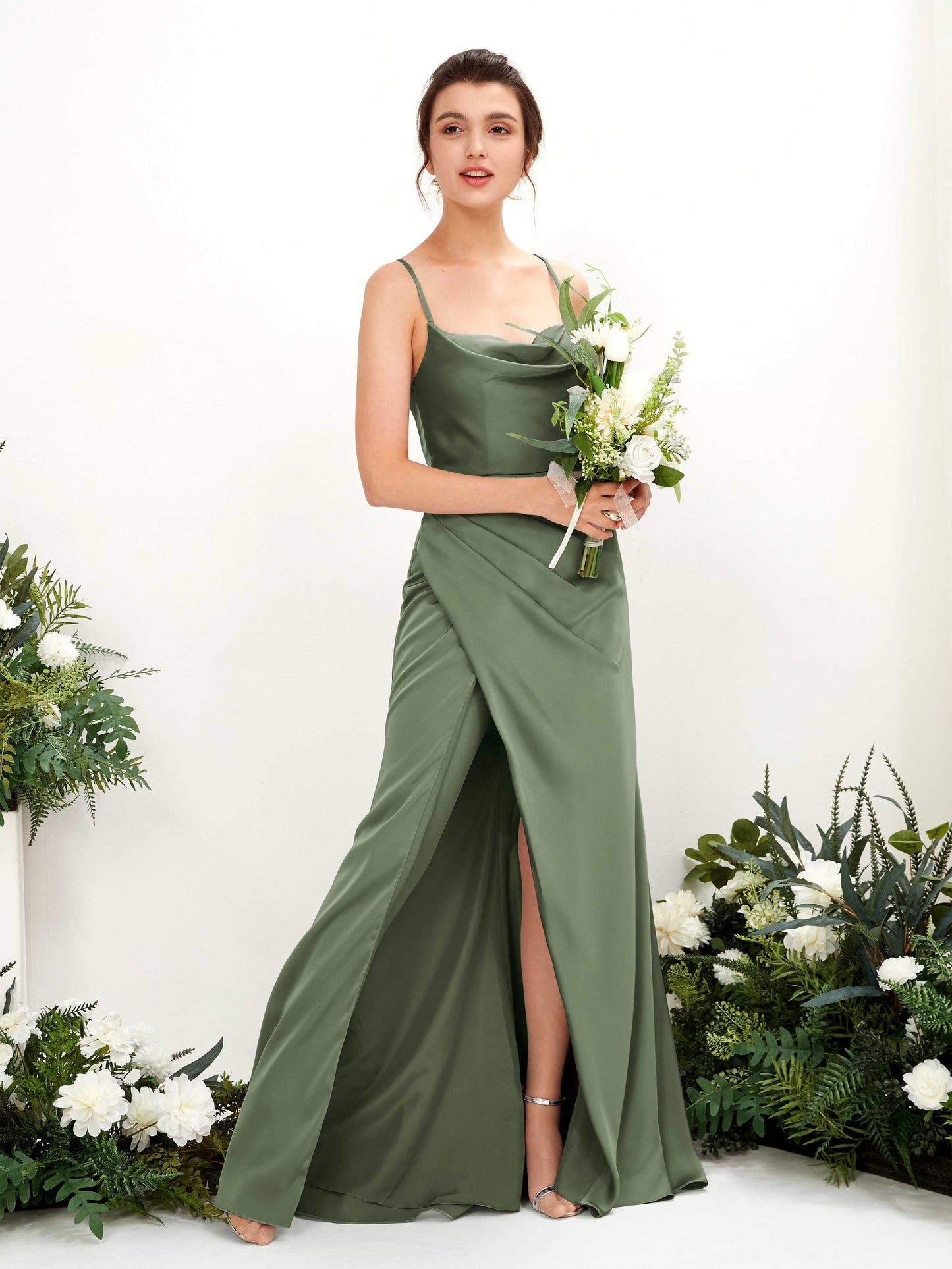 Mavis Green Olive Satin Sleeveless Maxi Dress