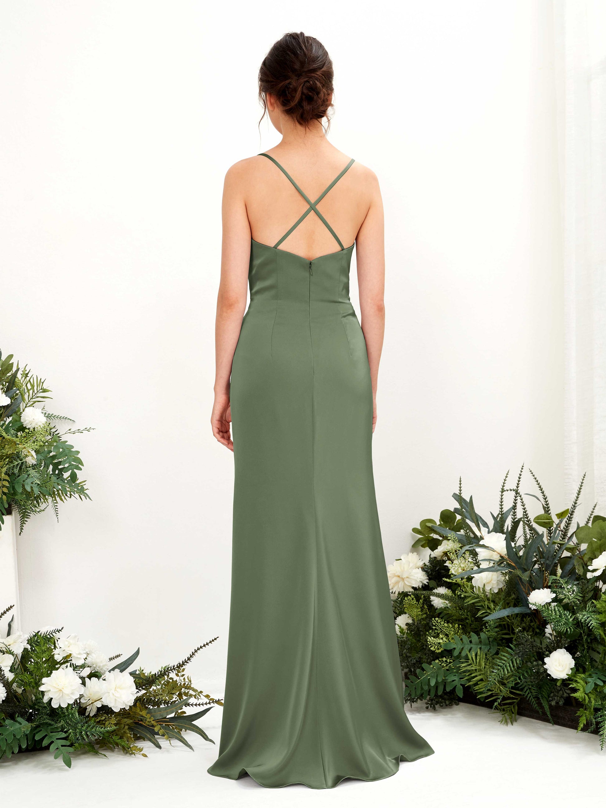 Mavis Green Olive Satin Sleeveless Maxi Dress