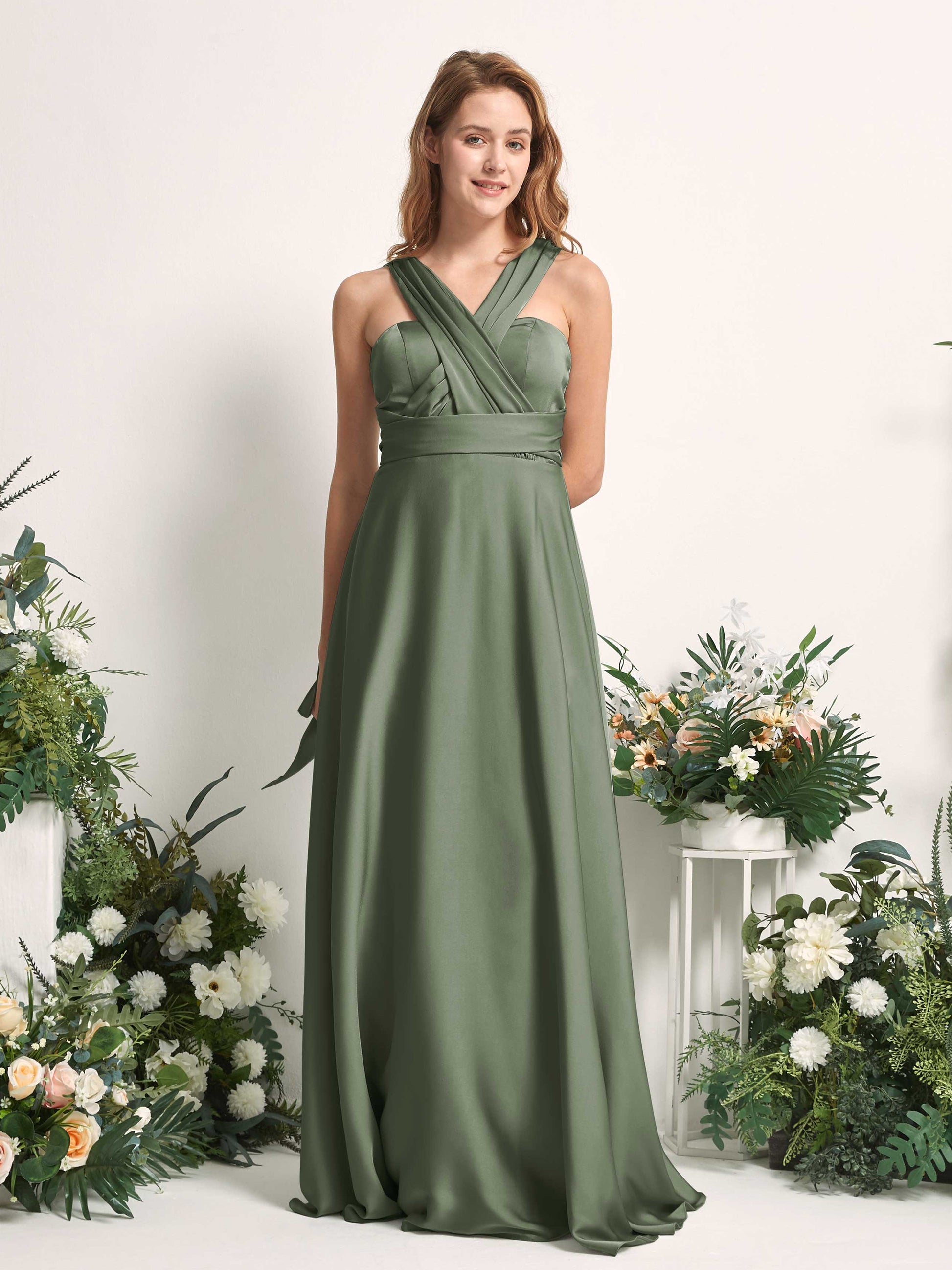 Mirabelle Green Olive Satin Maxi Dress