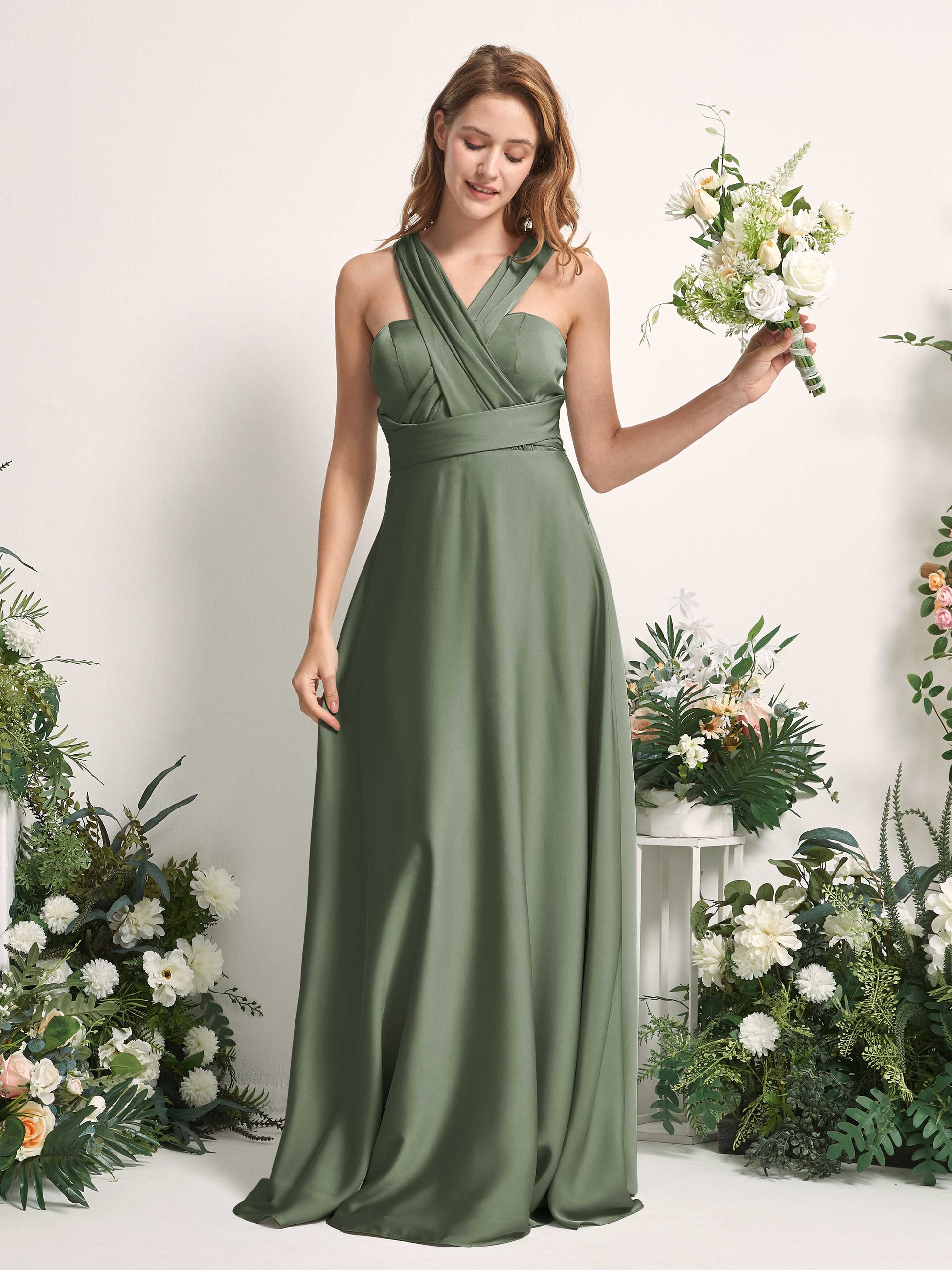 Mirabelle Green Olive Satin Maxi Dress