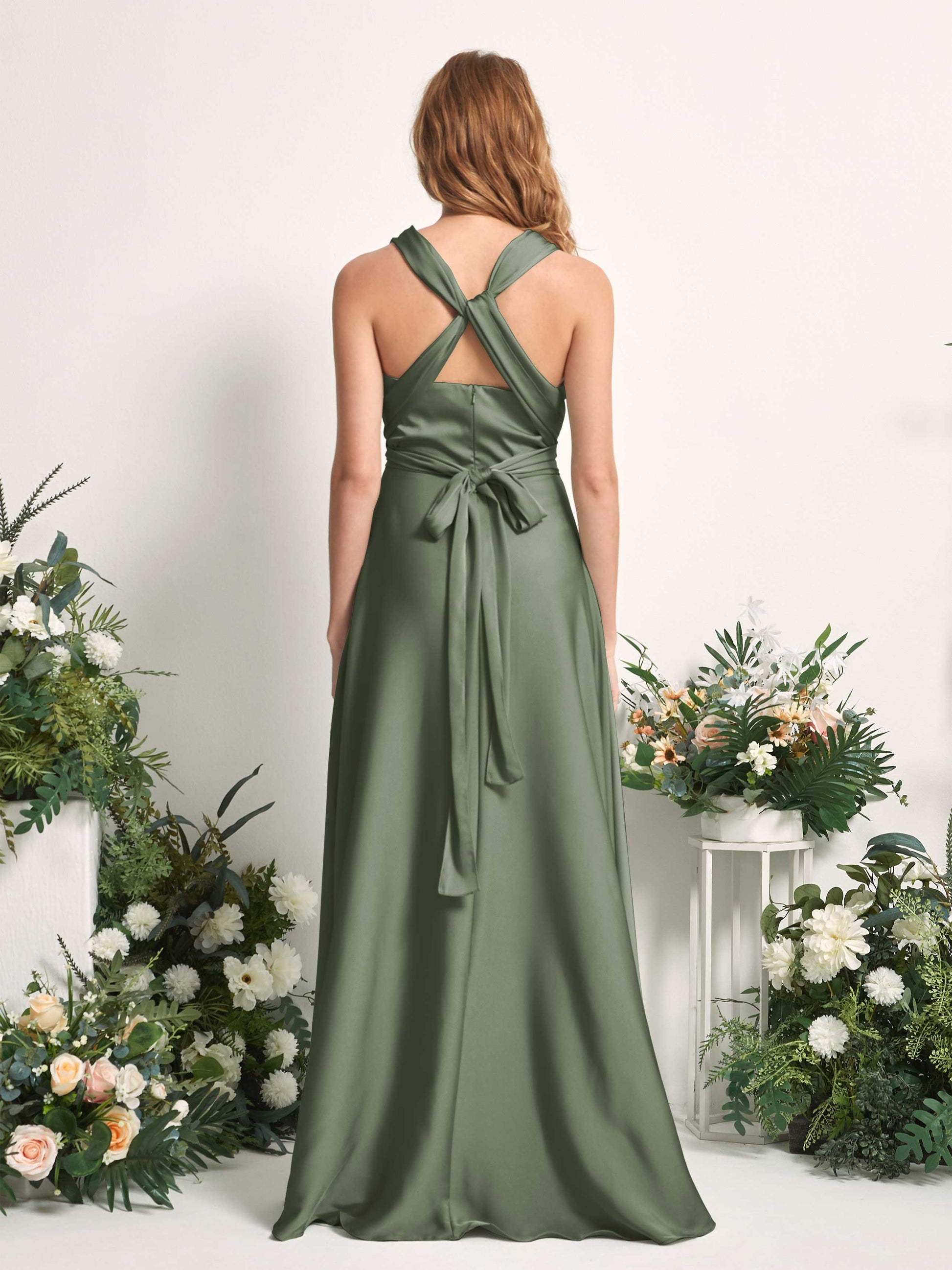 Mirabelle Green Olive Satin Maxi Dress