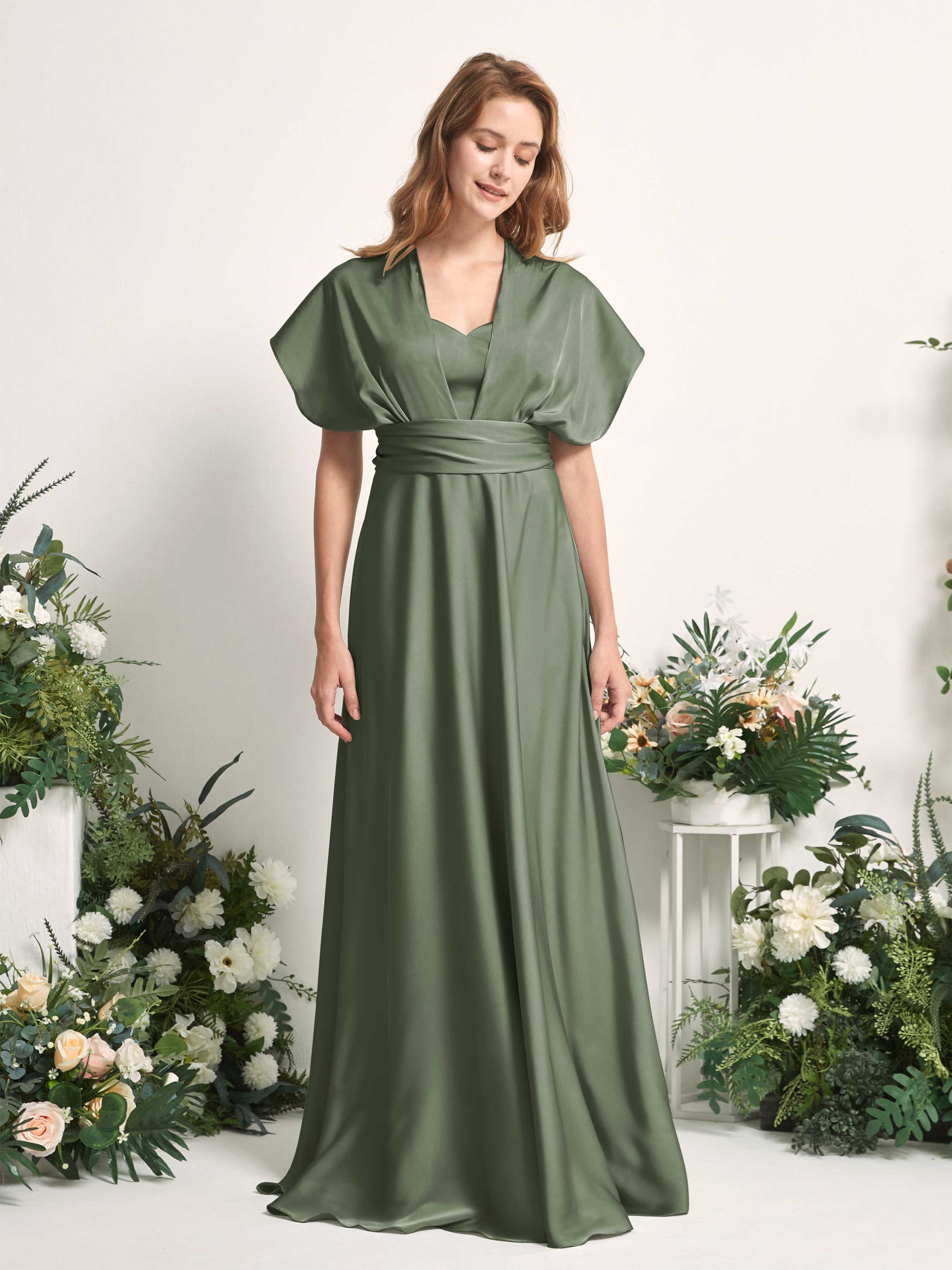 Mirabelle Green Olive Satin Maxi Dress