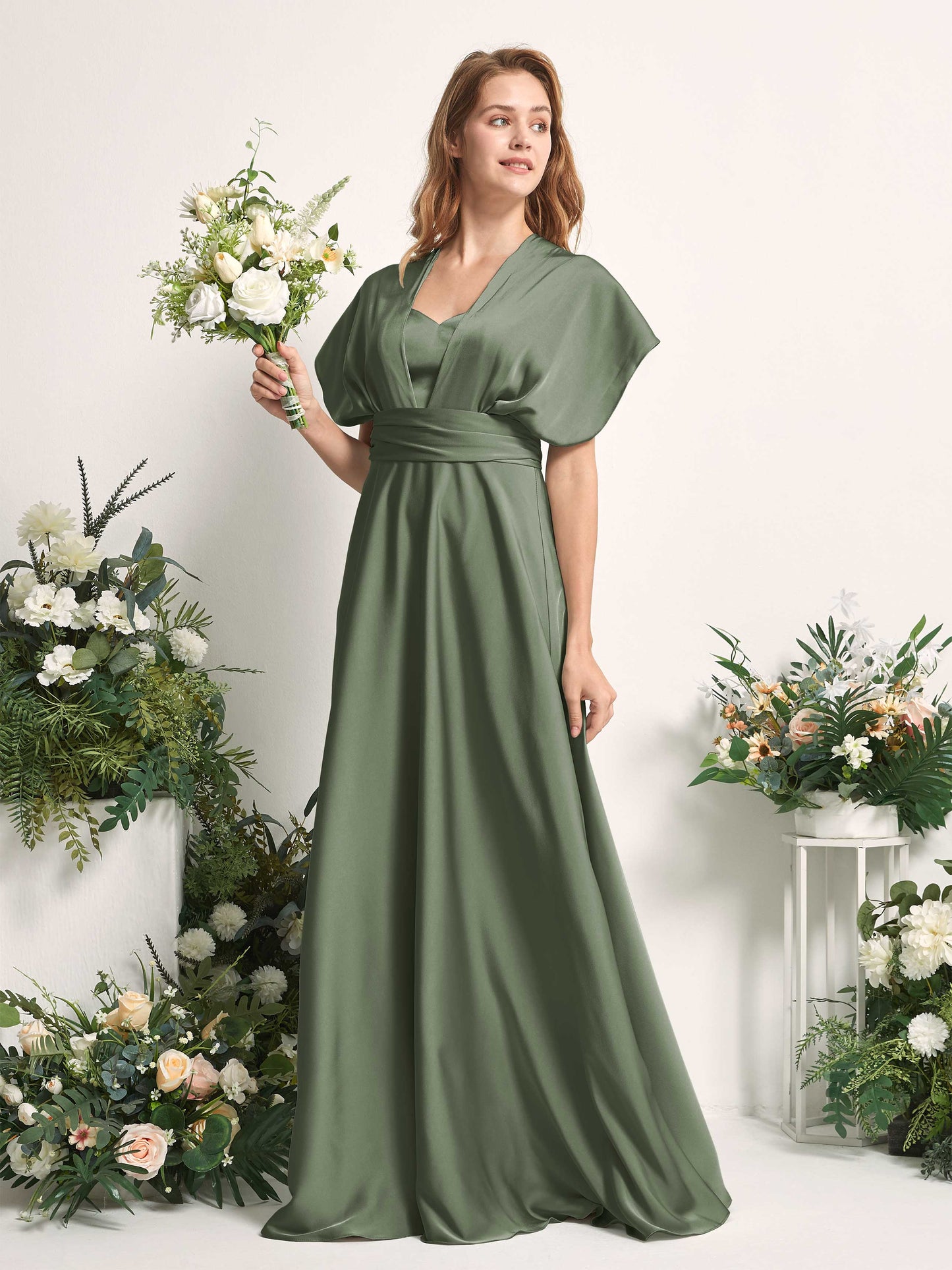 Mirabelle Green Olive Satin Maxi Dress