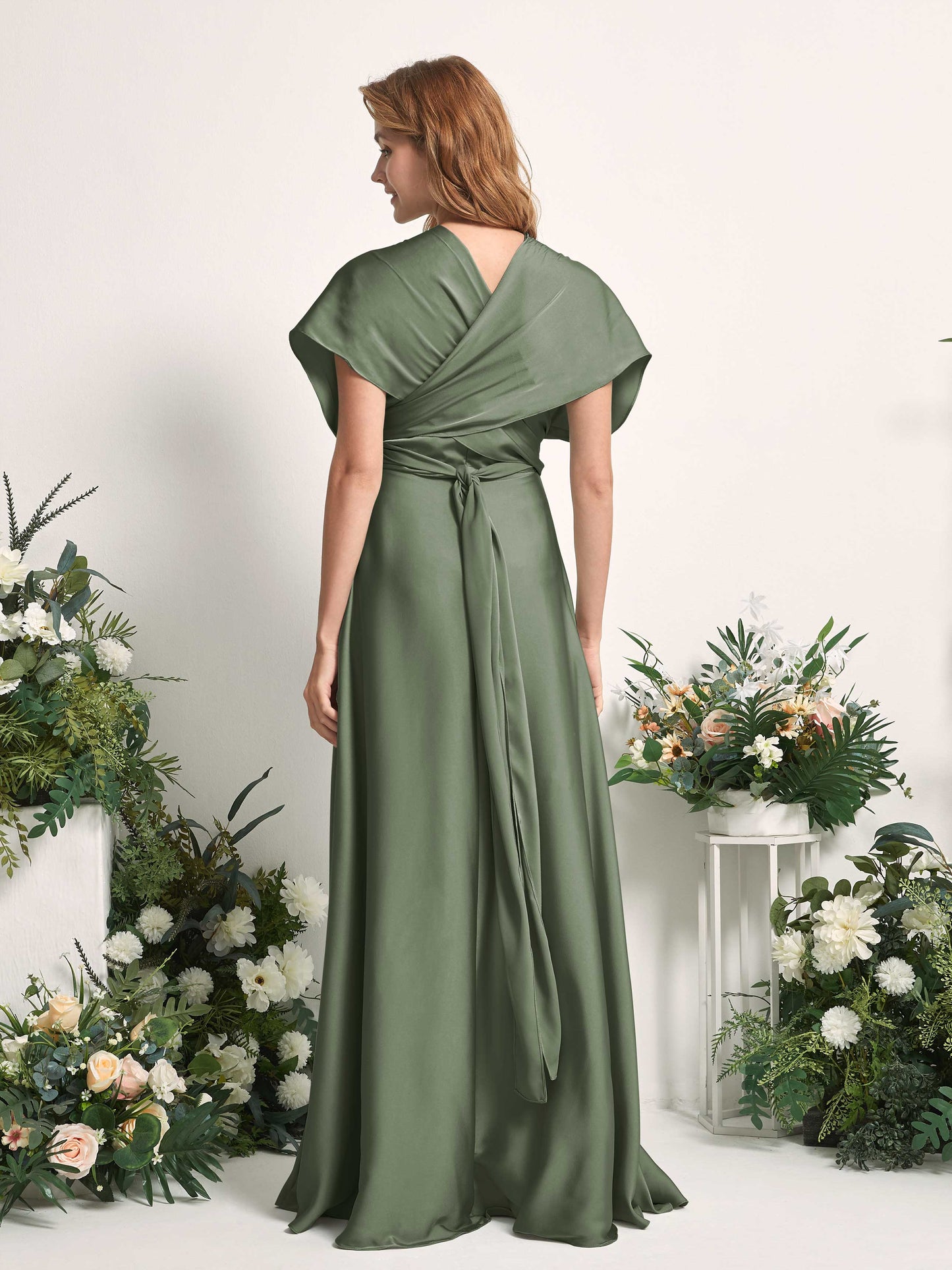 Mirabelle Green Olive Satin Maxi Dress