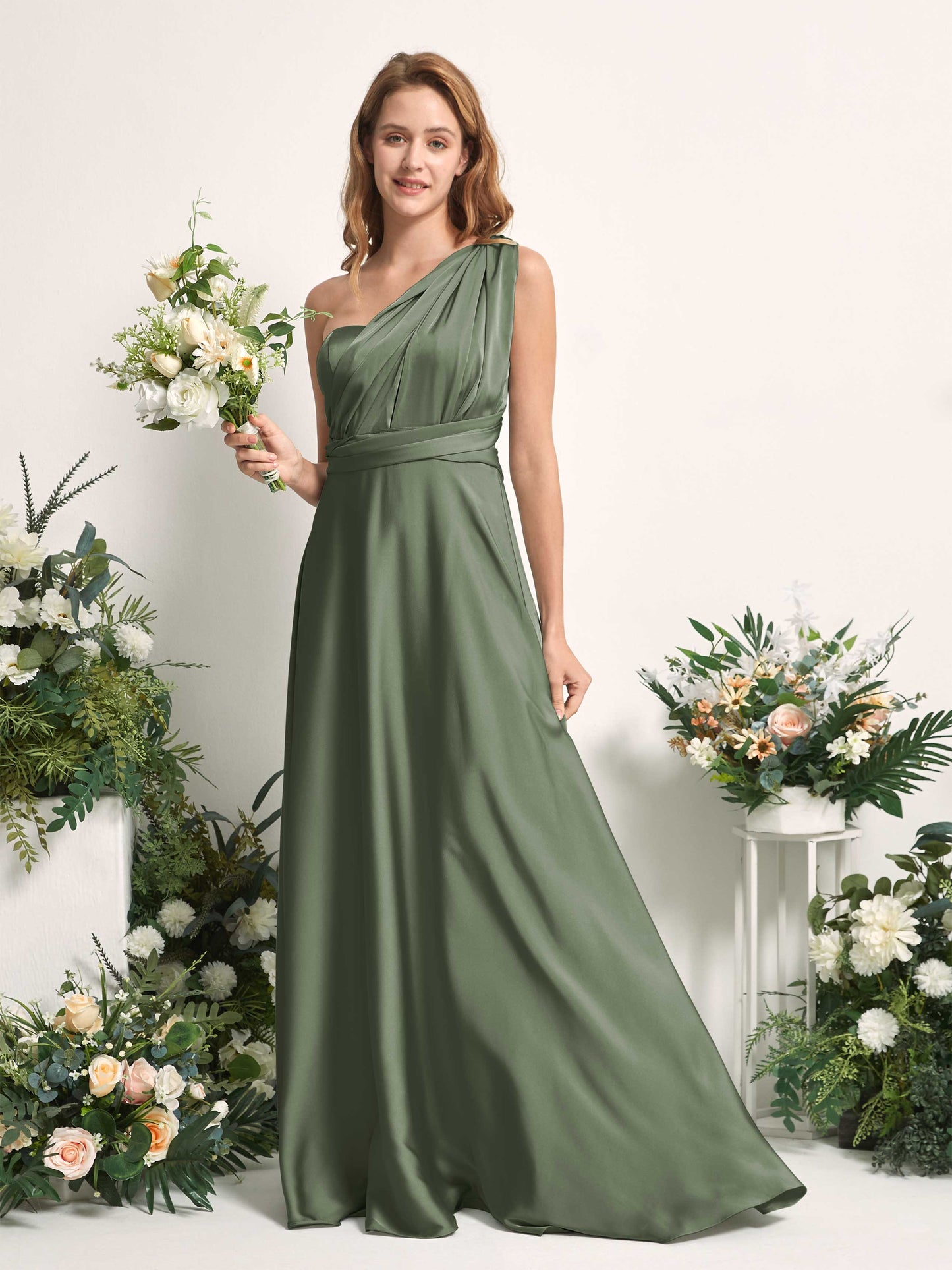 Mirabelle Green Olive Satin Maxi Dress