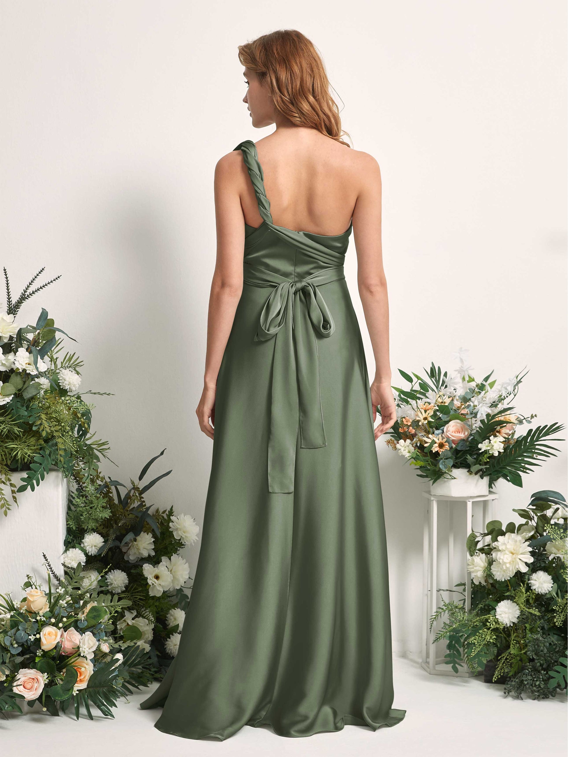 Mirabelle Green Olive Satin Maxi Dress