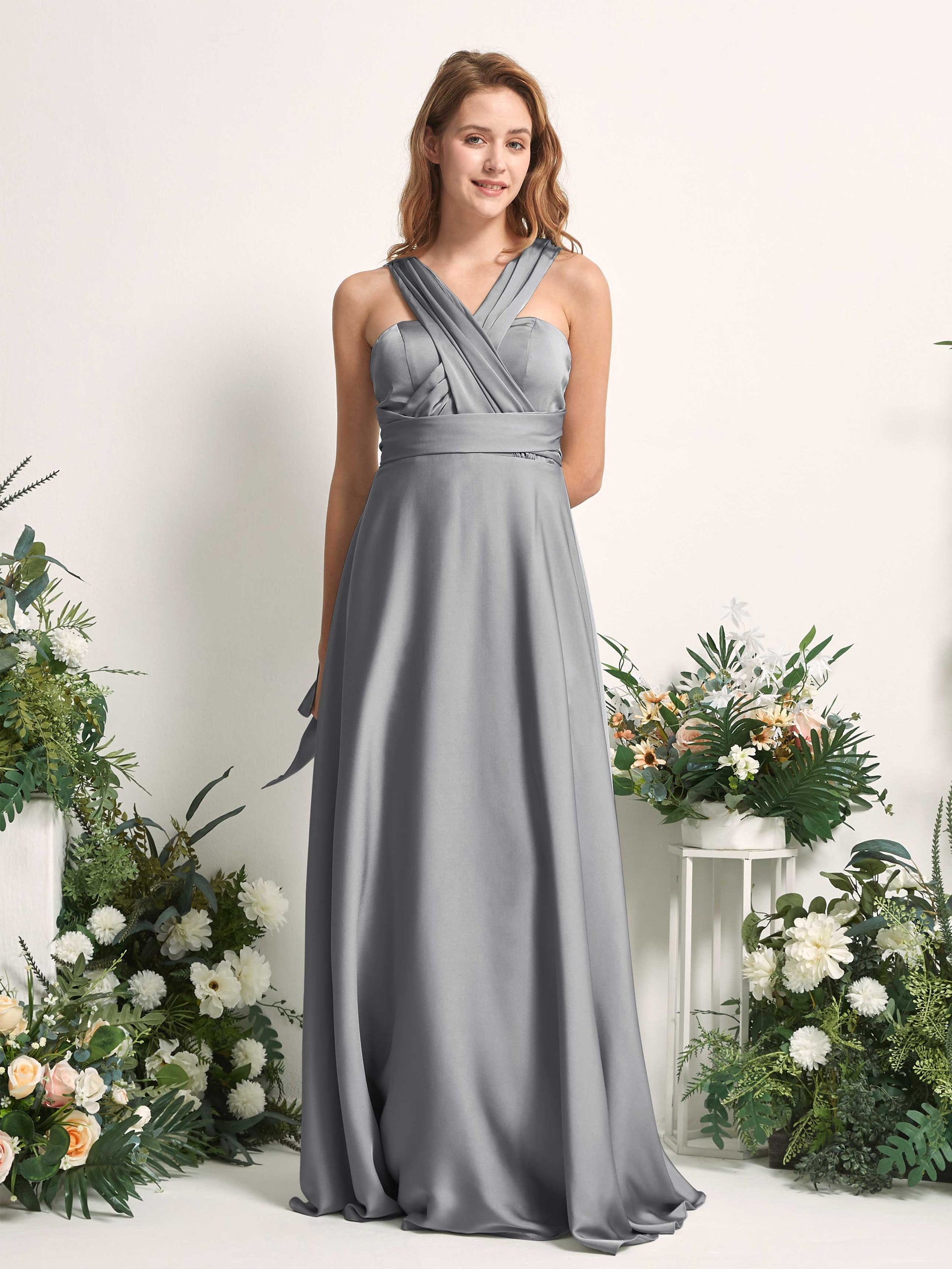 Mirabelle Steel Gray Satin Maxi Dress