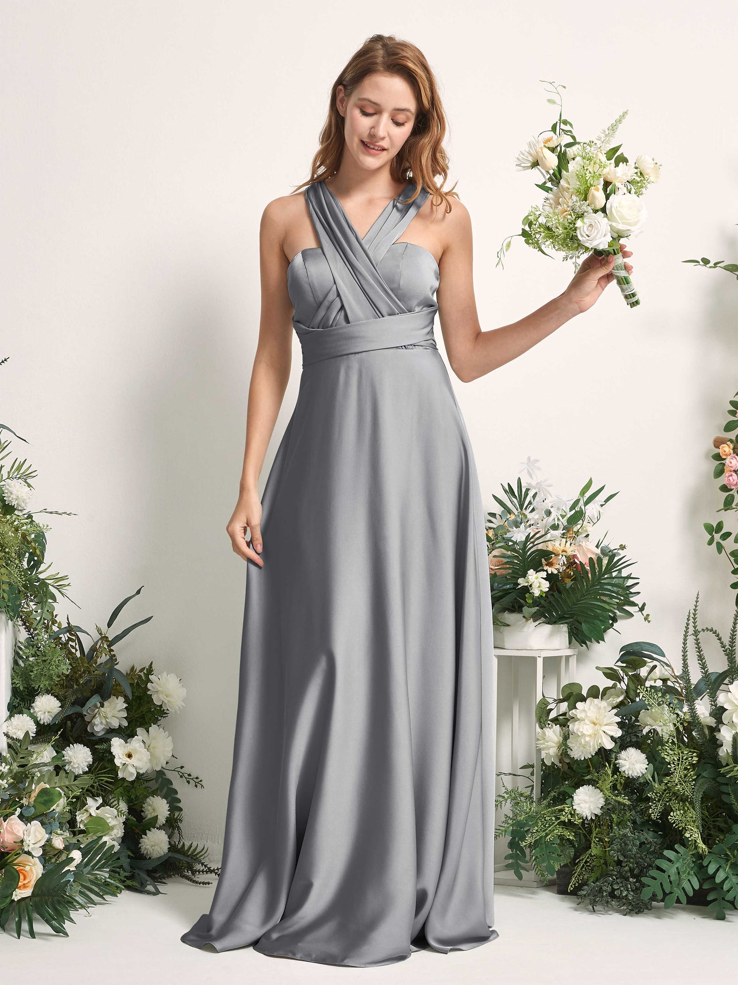 Mirabelle Steel Gray Satin Maxi Dress