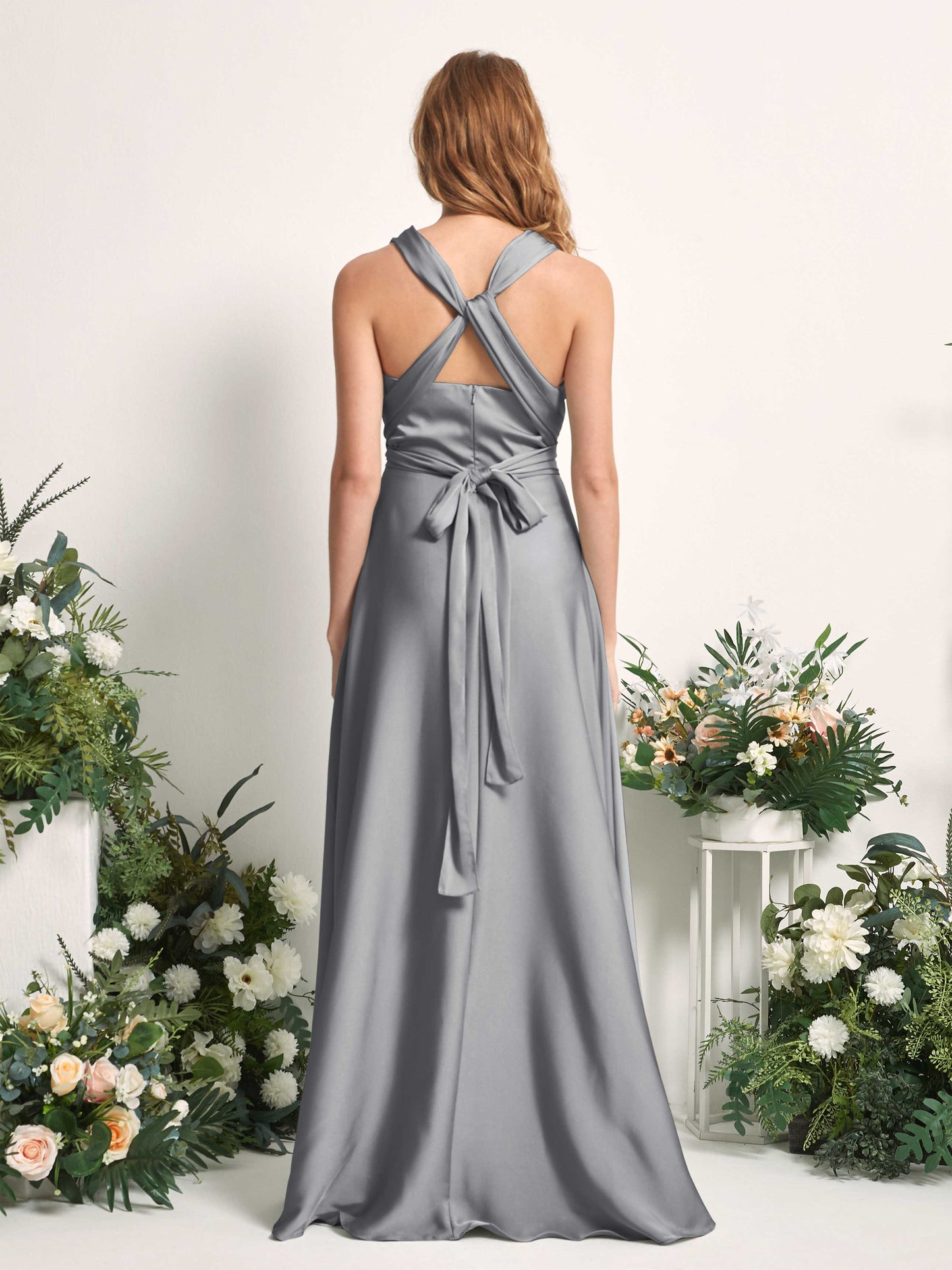 Mirabelle Steel Gray Satin Maxi Dress