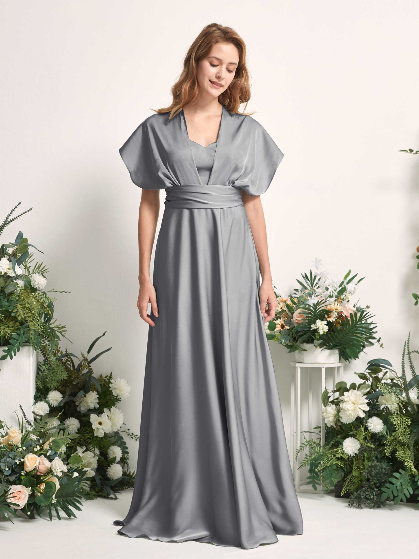 Mirabelle Steel Gray Satin Maxi Dress