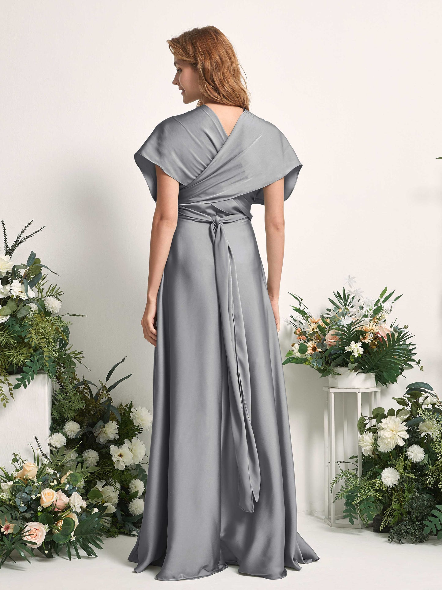 Mirabelle Steel Gray Satin Maxi Dress