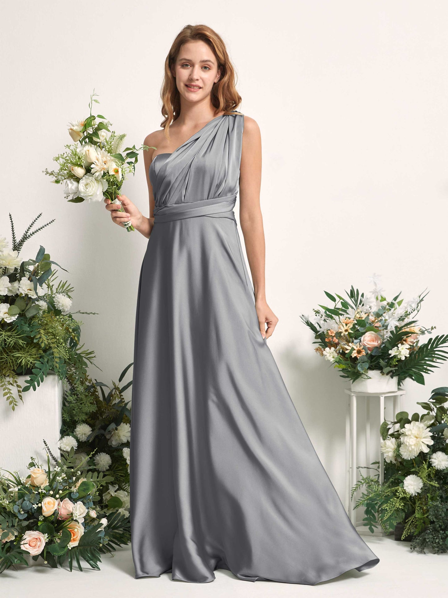 Mirabelle Steel Gray Satin Maxi Dress