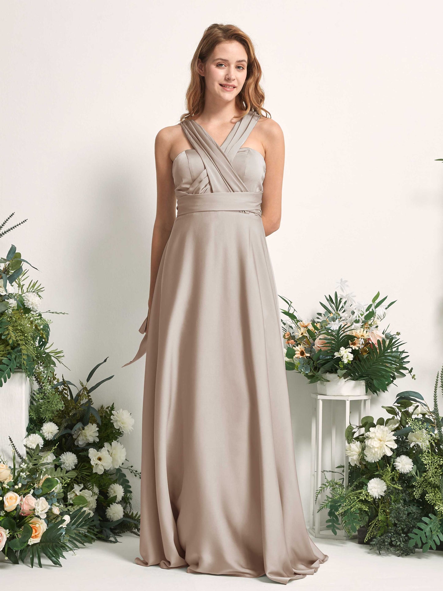 Mirabelle Taupe Satin Maxi Dress