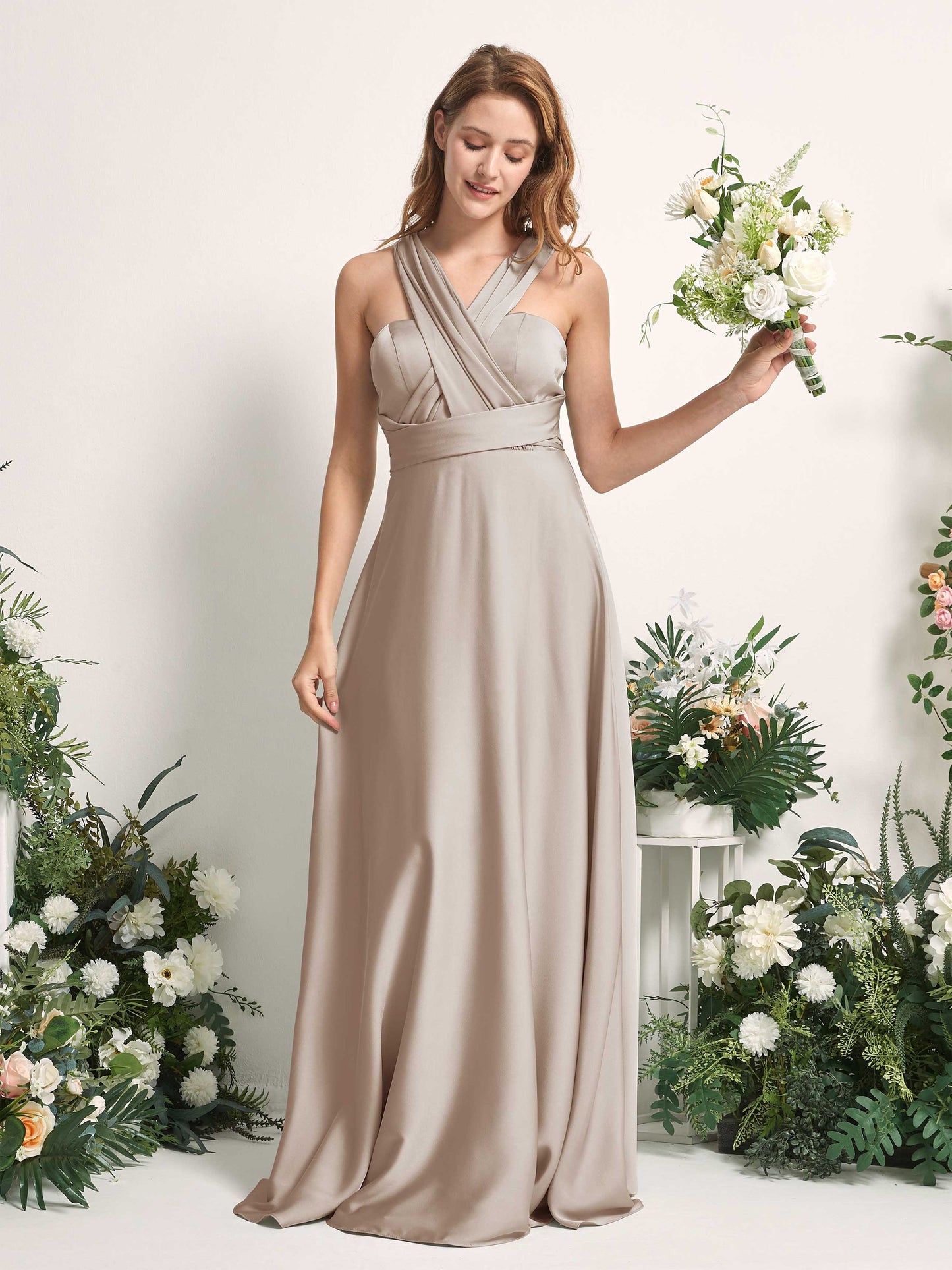 Mirabelle Taupe Satin Maxi Dress