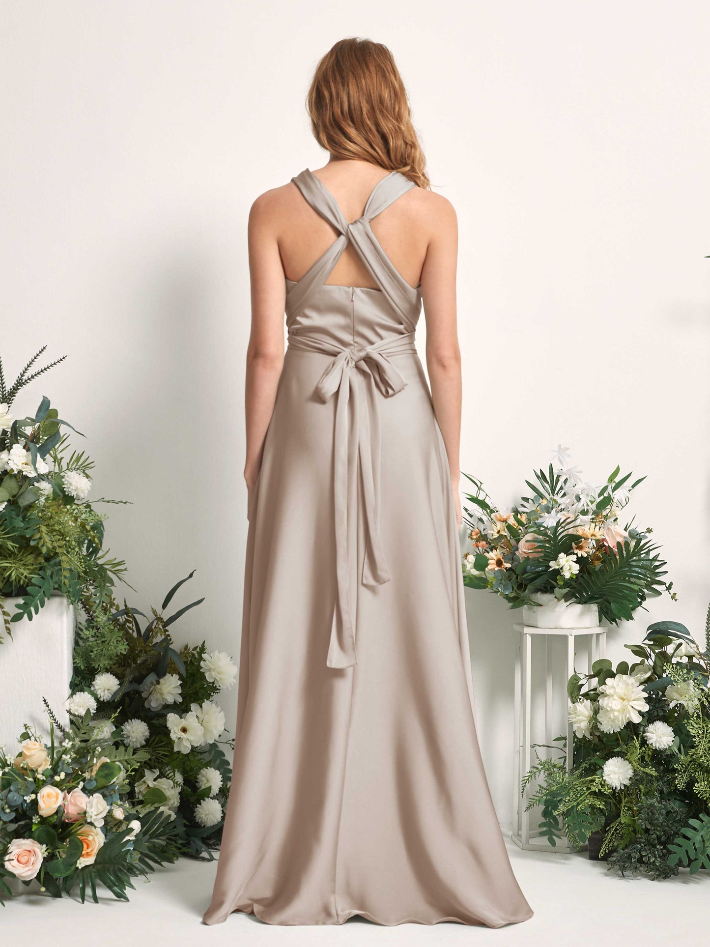 Mirabelle Taupe Satin Maxi Dress