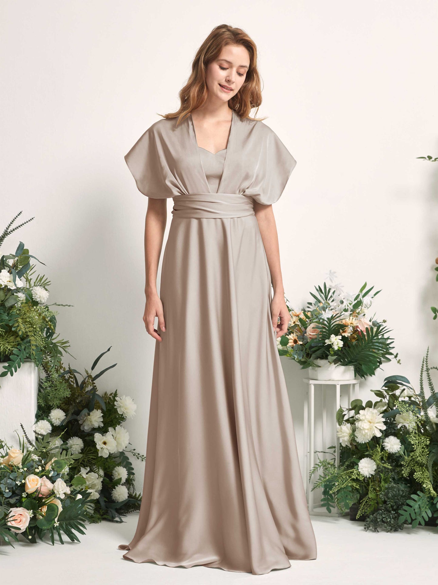 Mirabelle Taupe Satin Maxi Dress