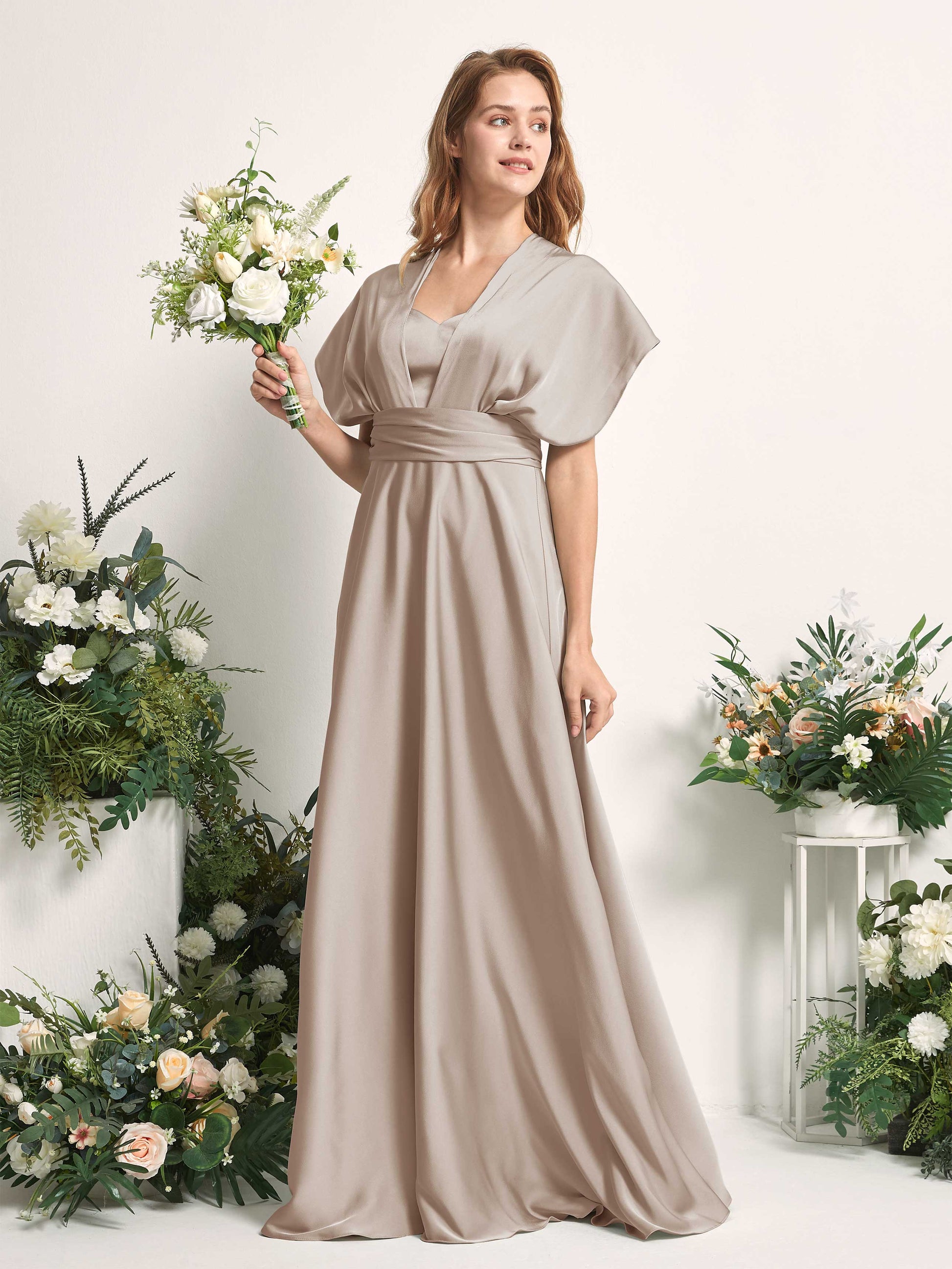 Mirabelle Taupe Satin Maxi Dress