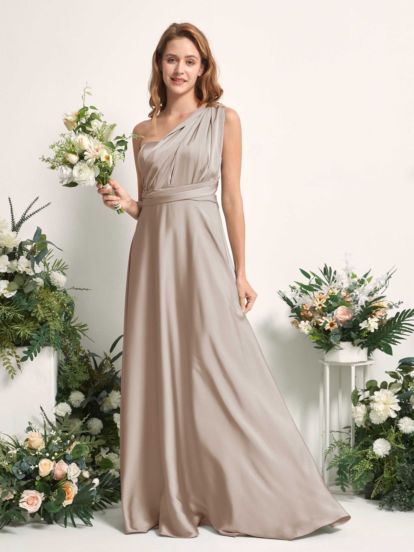 Mirabelle Taupe Satin Maxi Dress