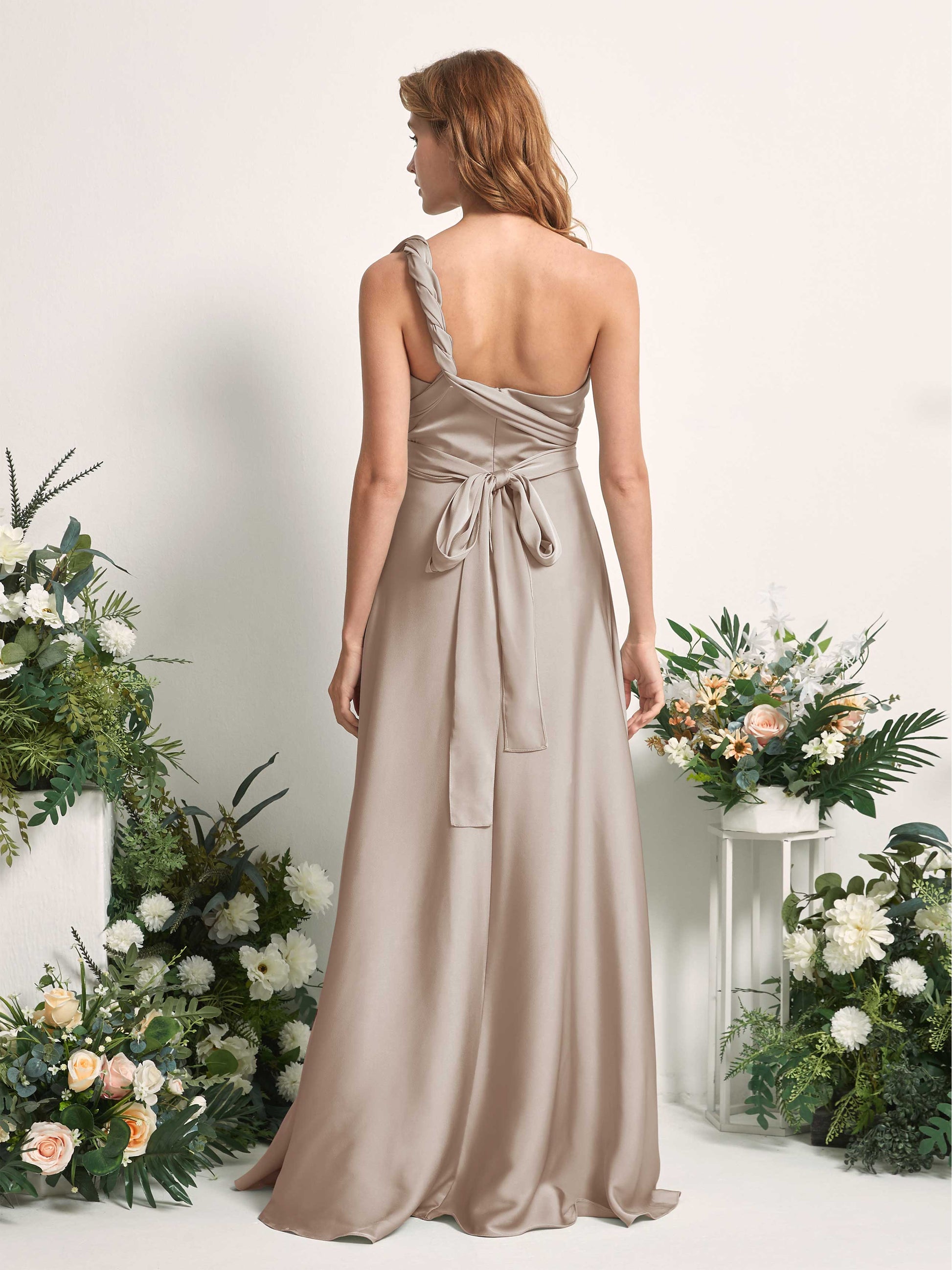 Mirabelle Taupe Satin Maxi Dress