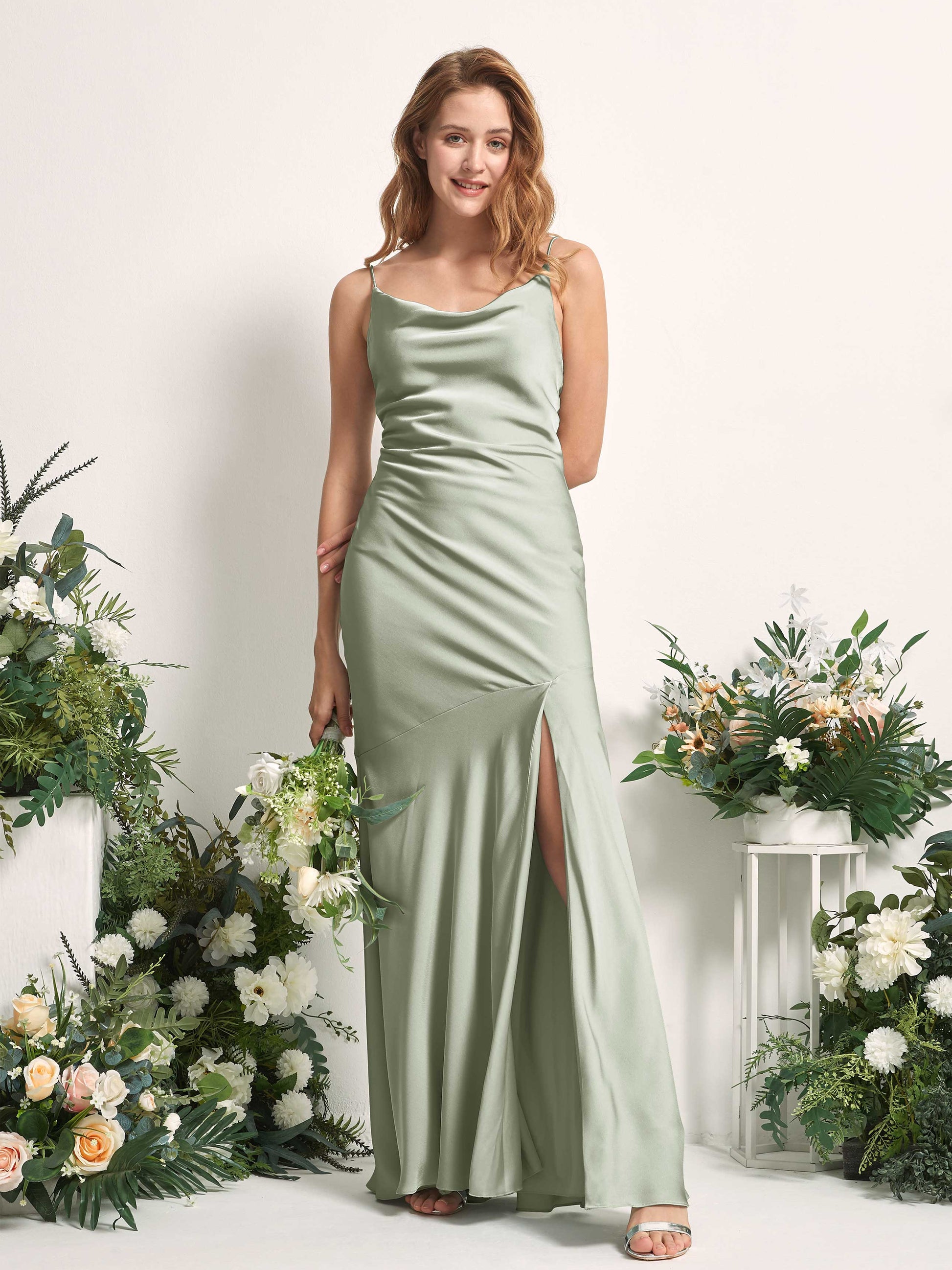 Miranda Sage Green Satin Sleeveless Maxi Dress